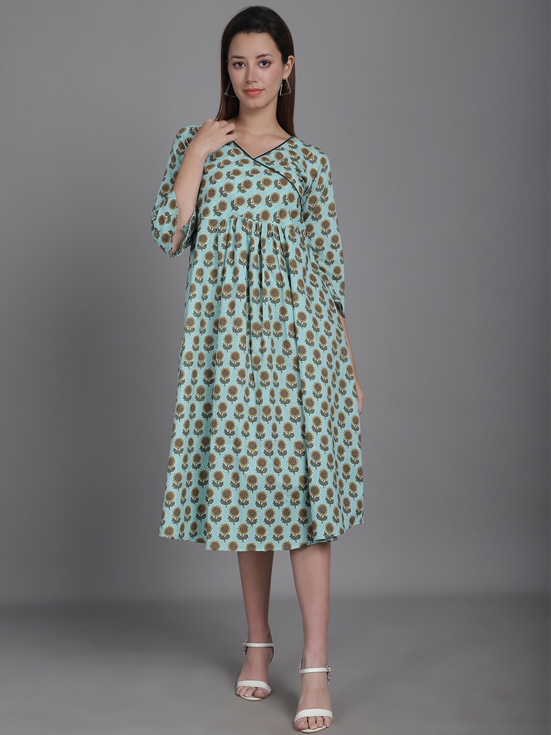 

Enchanted Drapes Cotton Floral Print Empire Midi Dress, Green