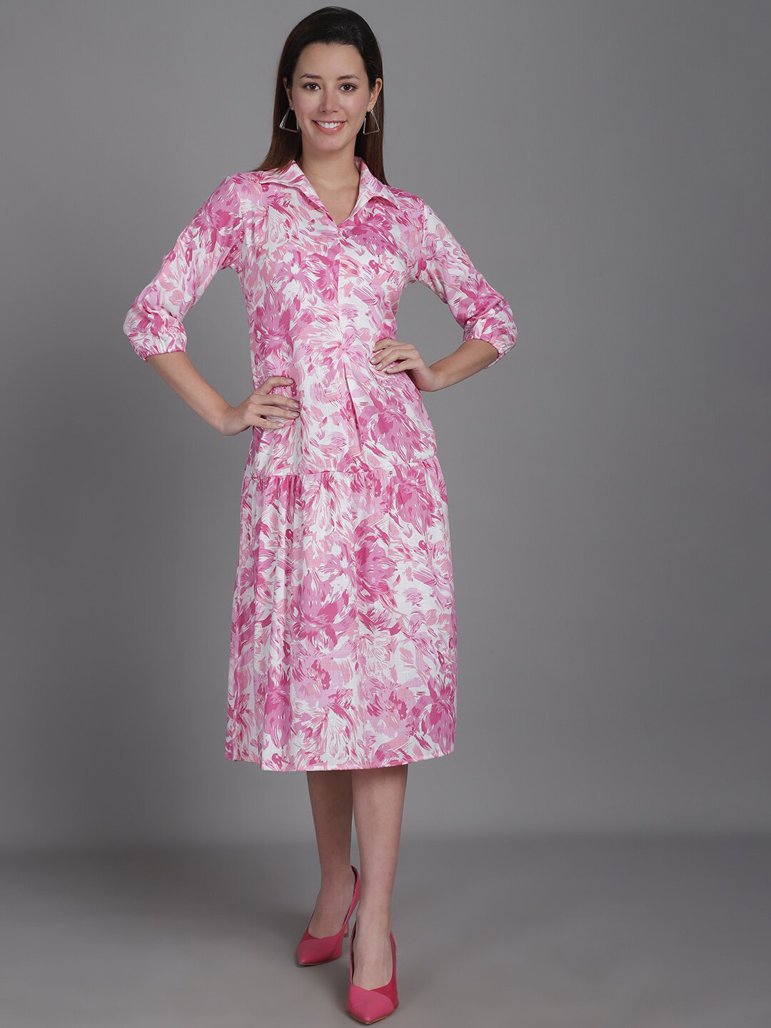 

Enchanted Drapes Cotton Floral Print A-Line Midi Dress, Pink