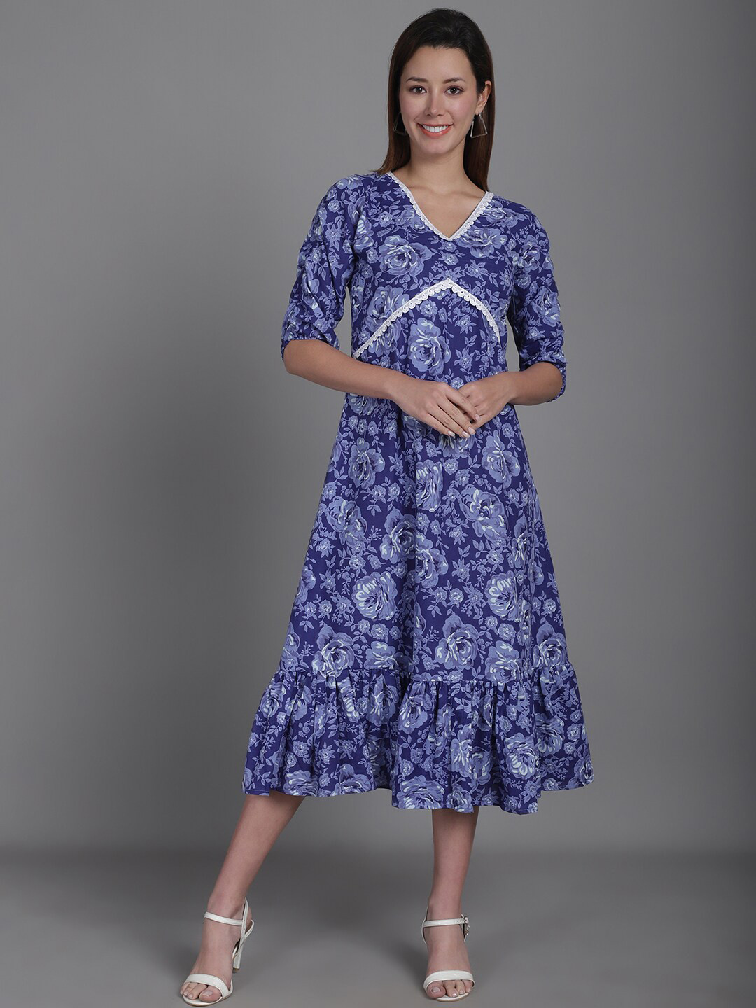 

Enchanted Drapes Floral Printed Cotton A-Line Midi Dress, Blue