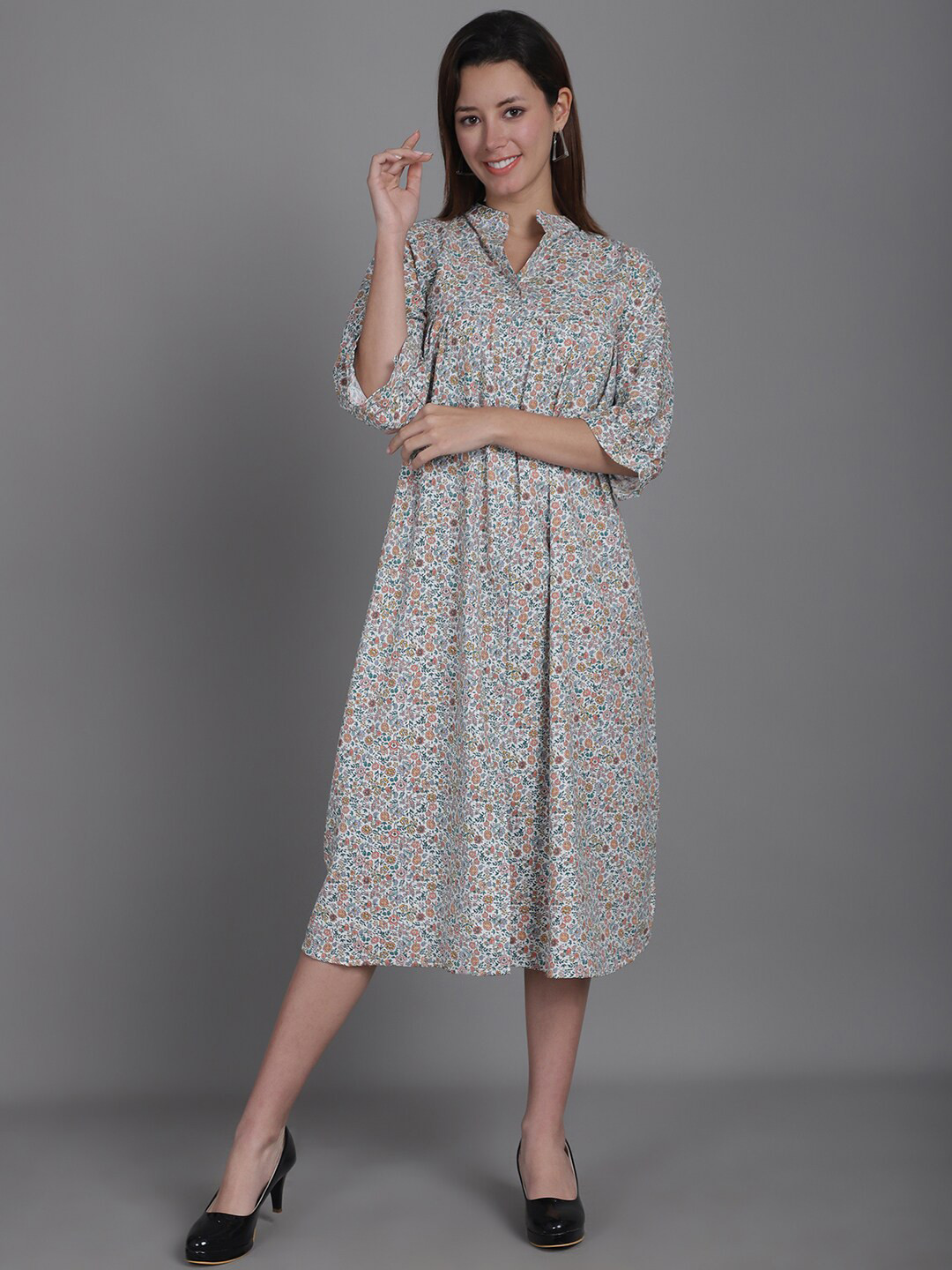 

Enchanted Drapes Cotton Floral Printed A-Line Midi Dress, Beige
