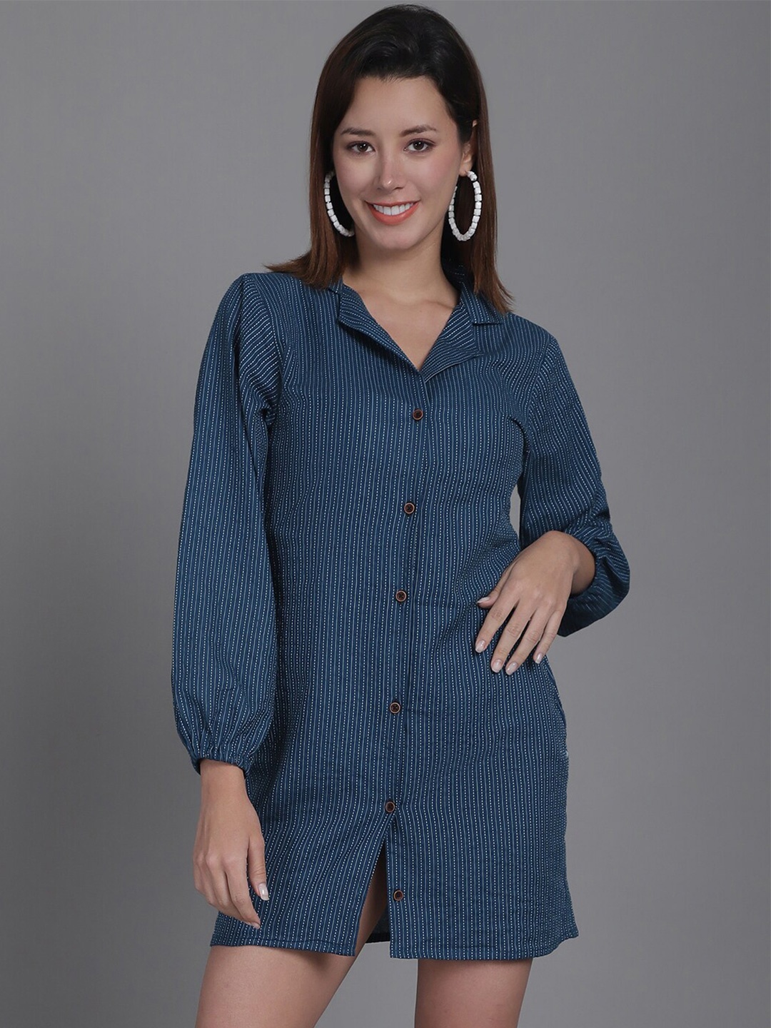 

Enchanted Drapes Cotton Puff Sleeve Striped Shirt Mini Dress, Teal