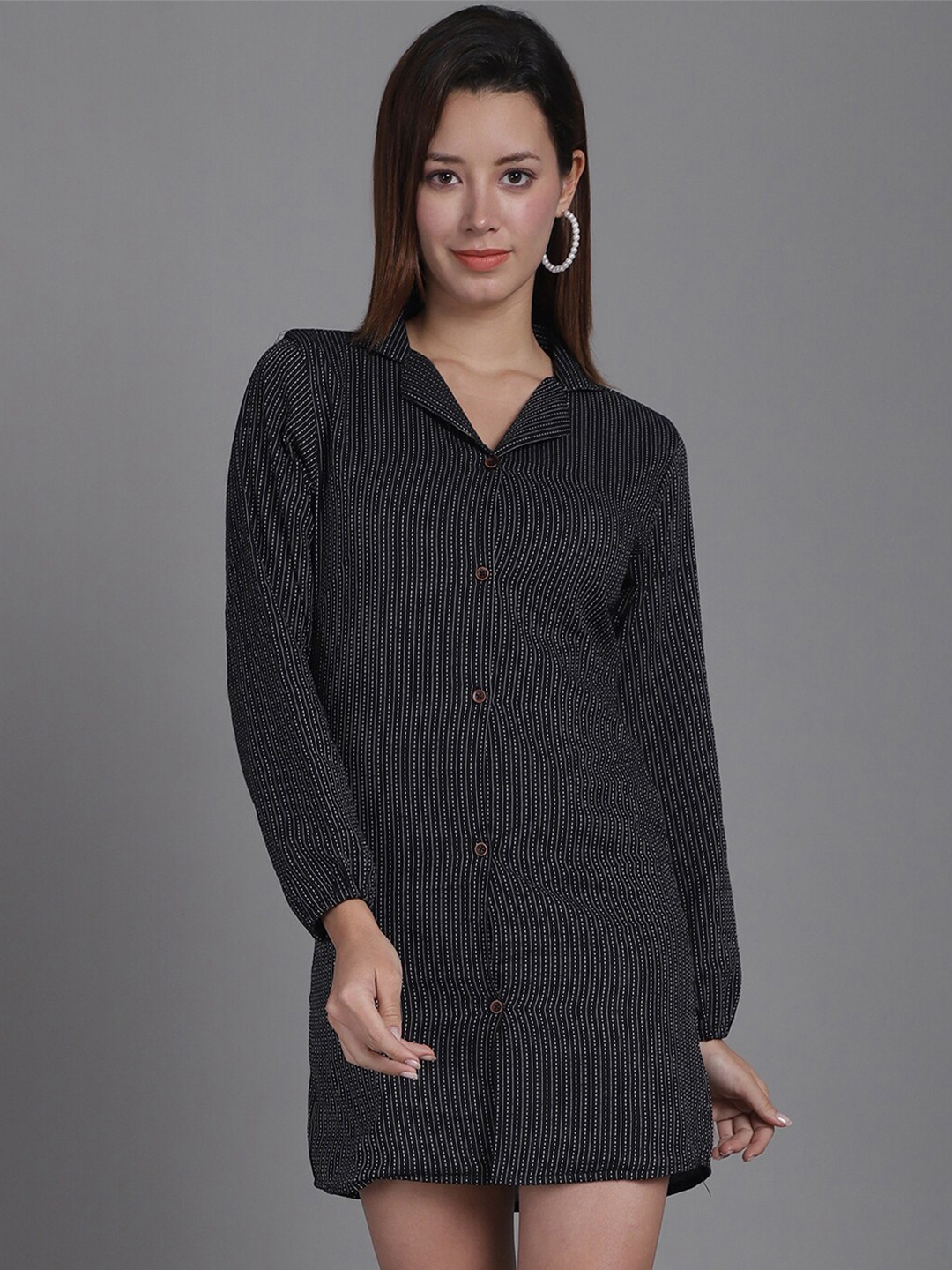 

Enchanted Drapes Cotton Striped Shirt Mini Dress, Black