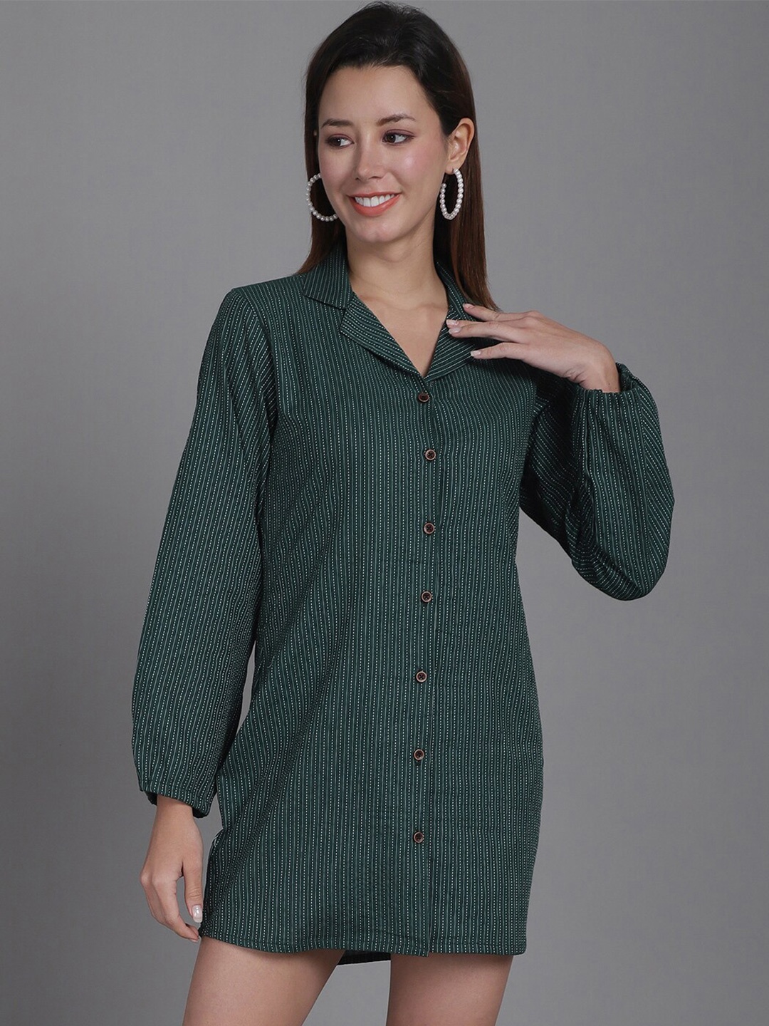 

Enchanted Drapes Striped Puff Sleeves Cotton Mini Shirt Dress, Green