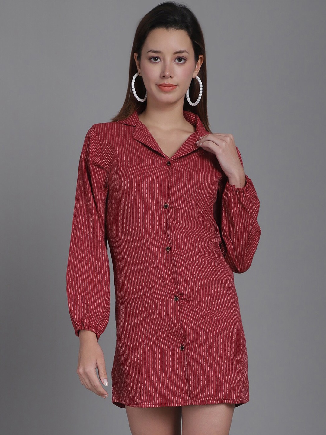 

Enchanted Drapes Cotton Striped Shirt Mini Dress, Maroon
