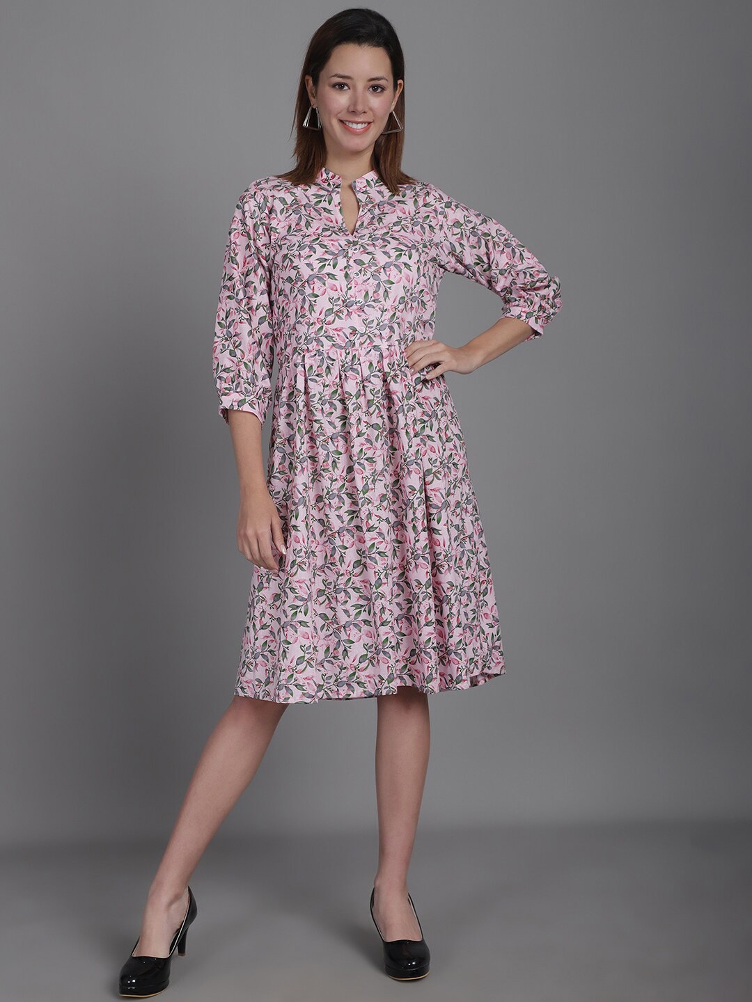 

Enchanted Drapes Floral Print Mandarin Collar Fit & Flare Dress, Pink