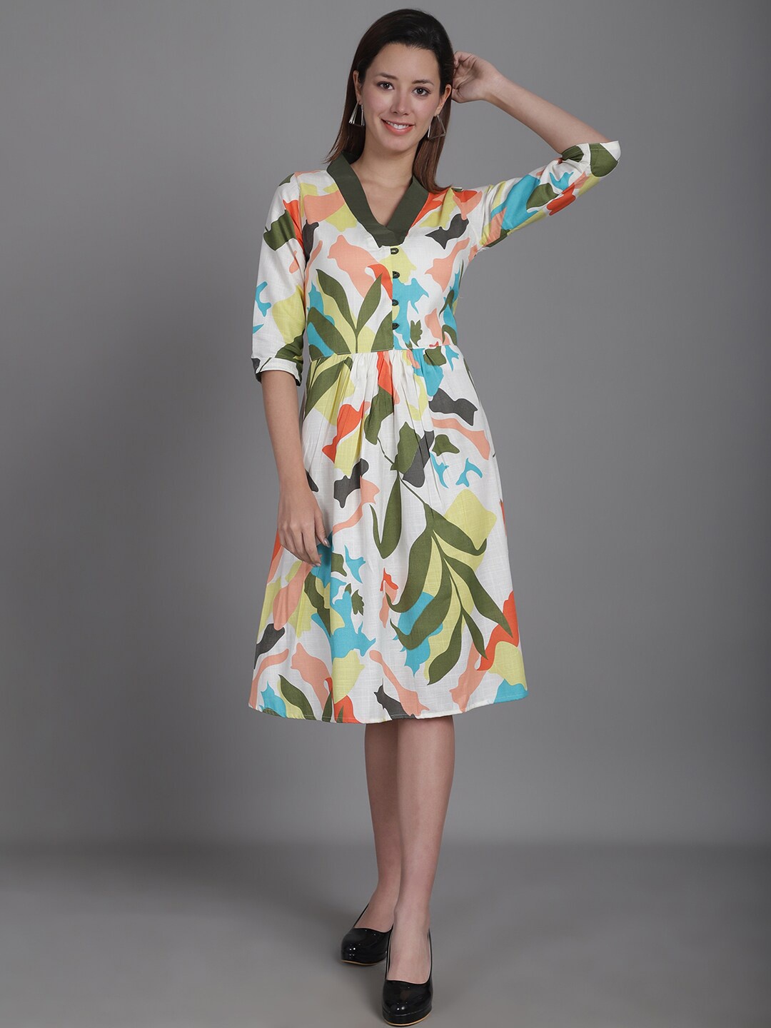 

Enchanted Drapes Cotton Abstract Printed Fit & Flare Dress, Off white