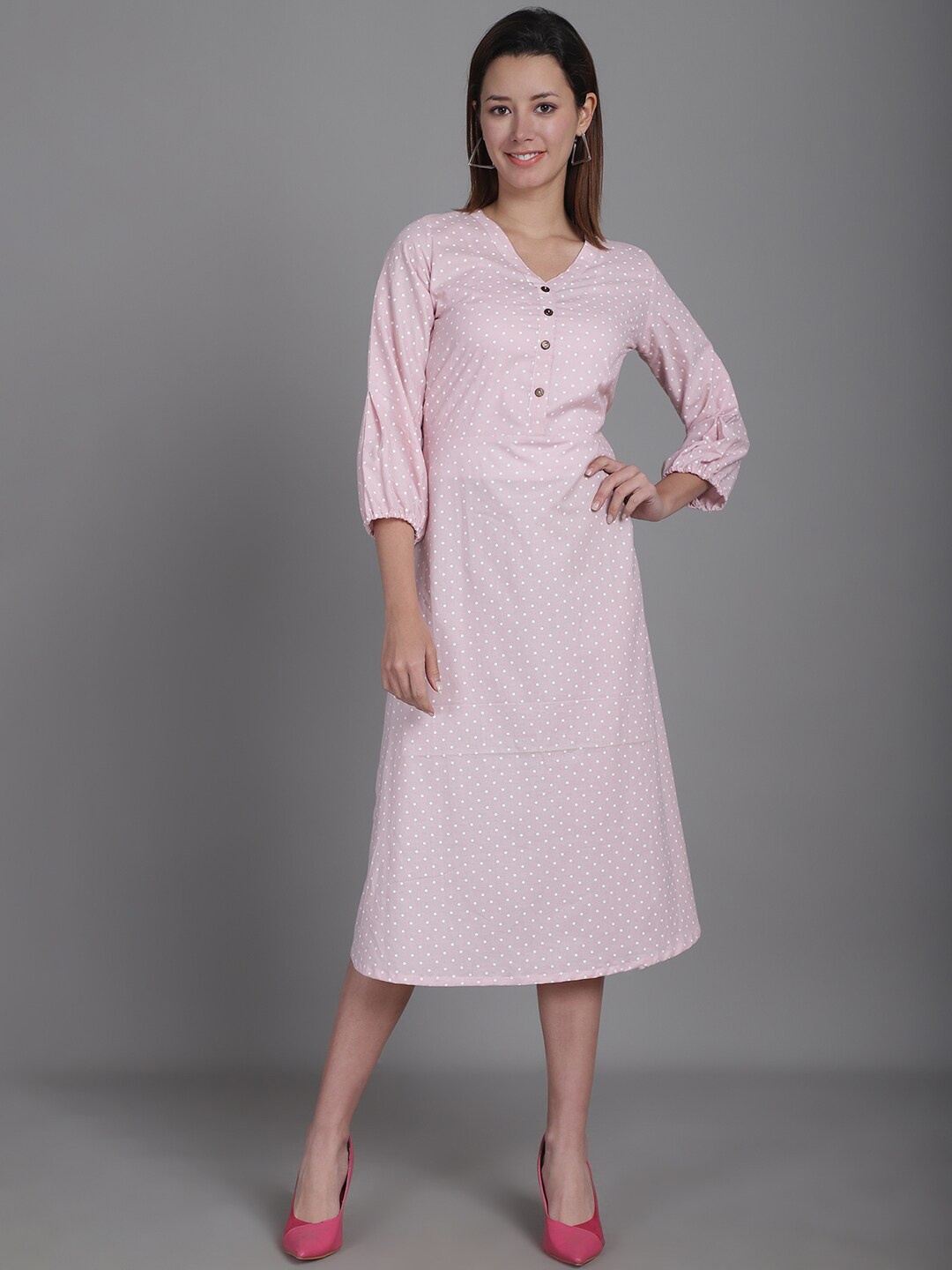 

Enchanted Drapes Cotton Polka Dot Print A-Line Midi Dress, Pink