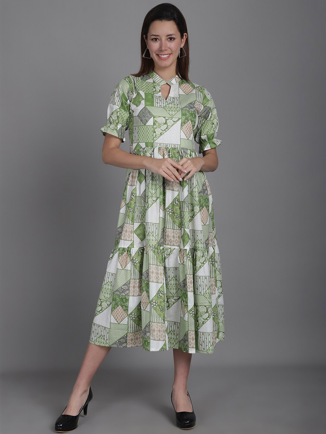 

Enchanted Drapes Cotton Geometric Printed Fit & Flare Midi Dress, Green