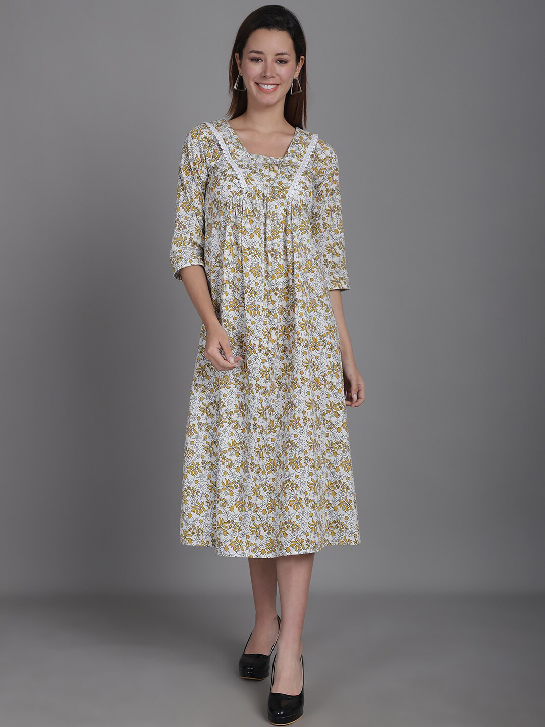 

Enchanted Drapes Cotton Floral Print A-Line Midi Dress, Off white