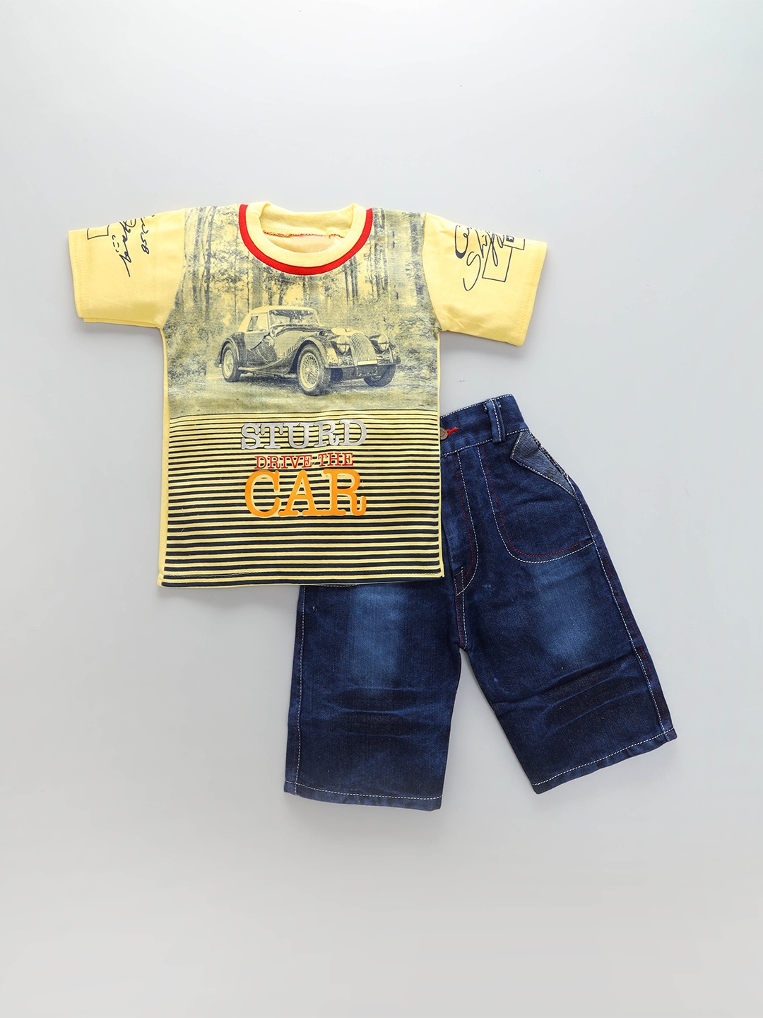 

BAESD Boys Car Printed T-shirt With Denim Shorts, Yellow