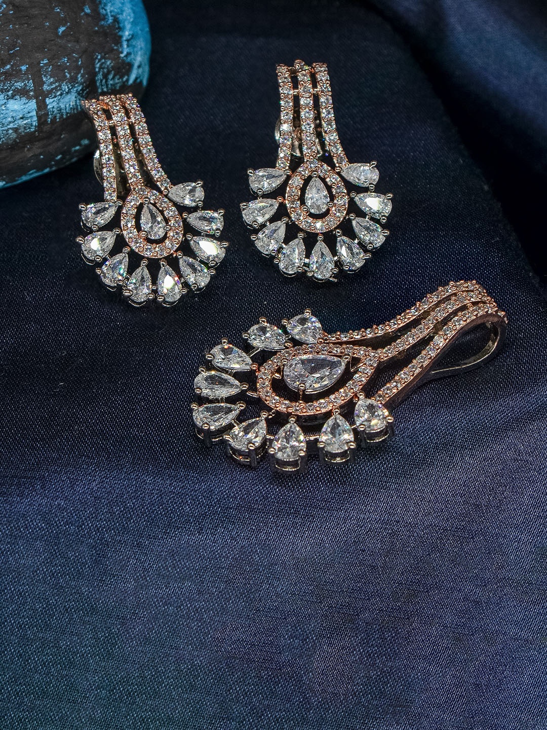 

Manikya Rose Gold-Plated American Diamond-Studded Pendant and Earrings