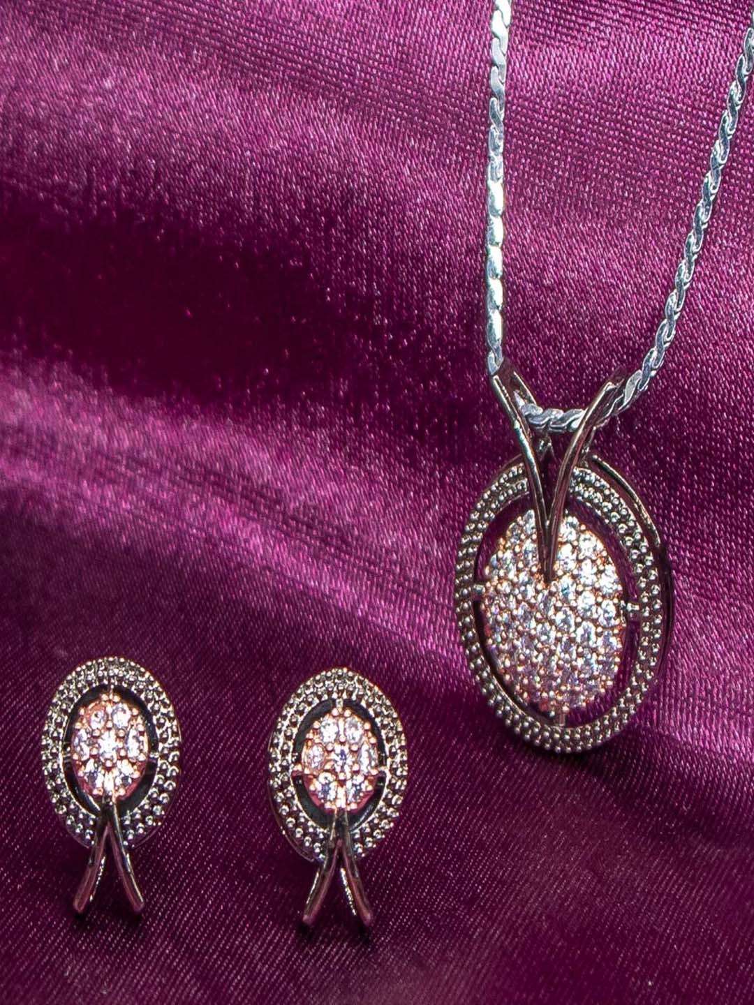 

Manikya Rose Gold-Plated American Diamond Studded Pendant And Earrings