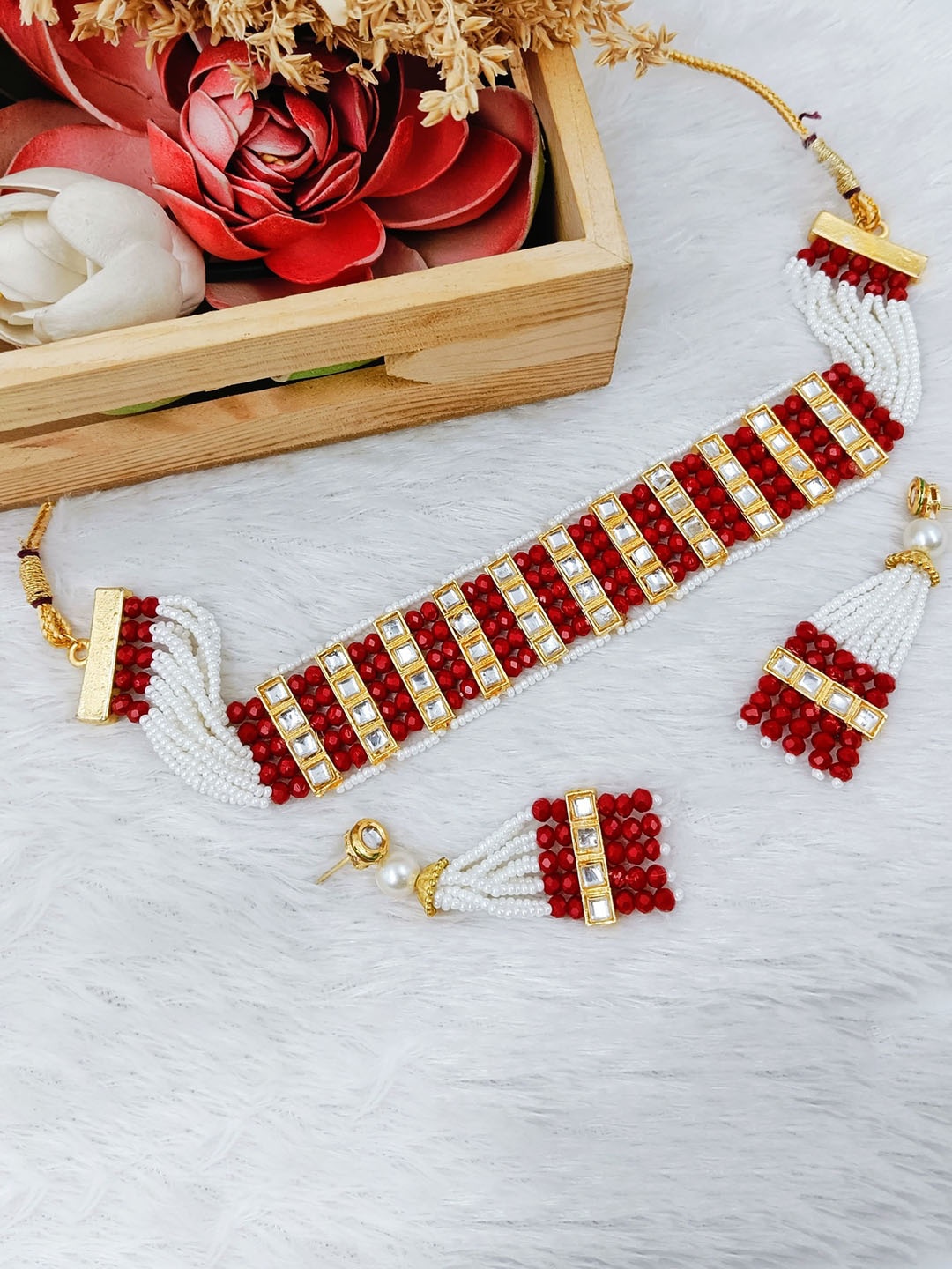 

Manikya Gold-Plated Artificial-Stones Studded & Beaded Necklace and Earrings
