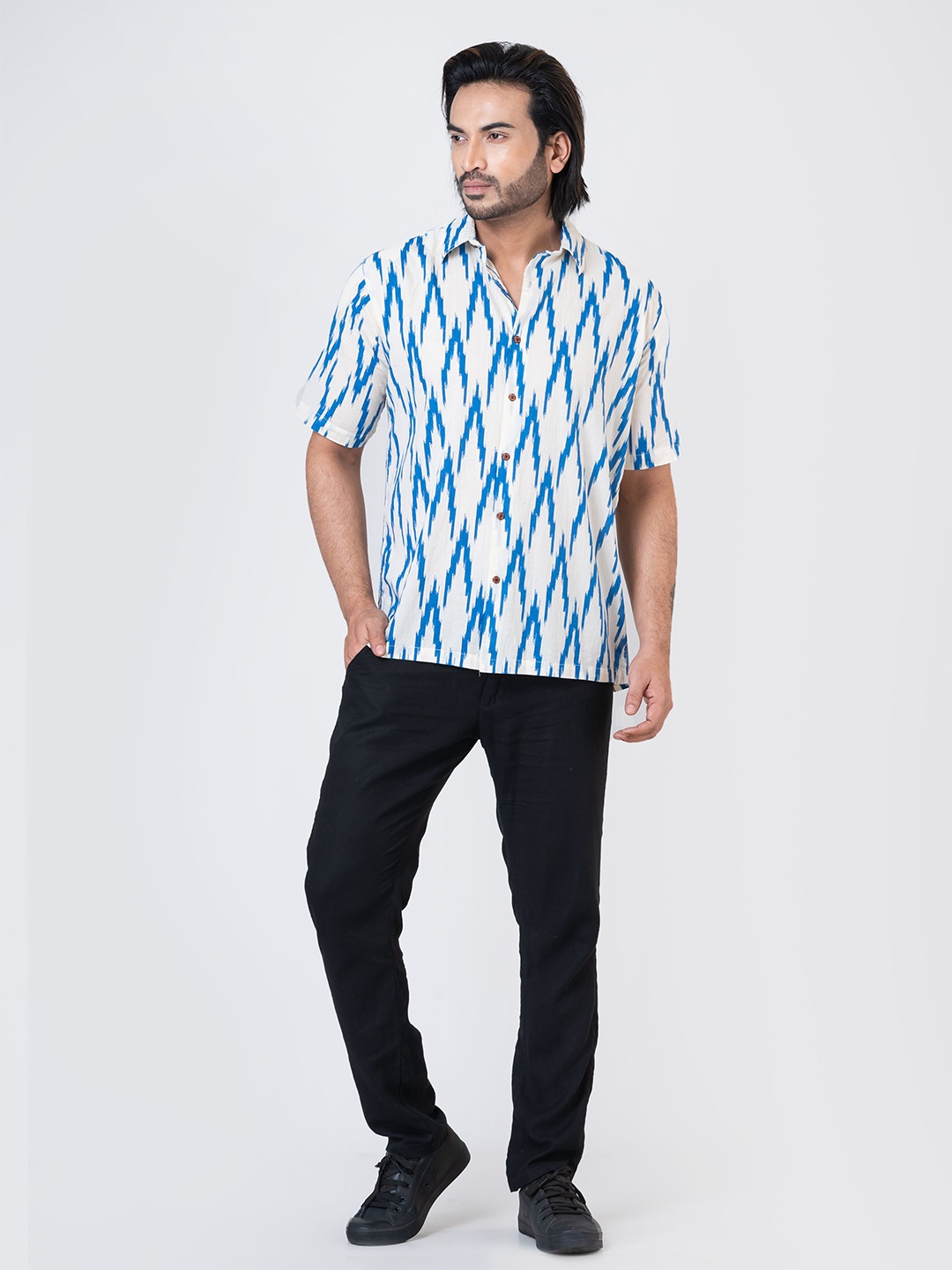 

Kartikeya Jaipur Ikat Printed Relaxed Cotton Oversized Casual Shirt, Blue