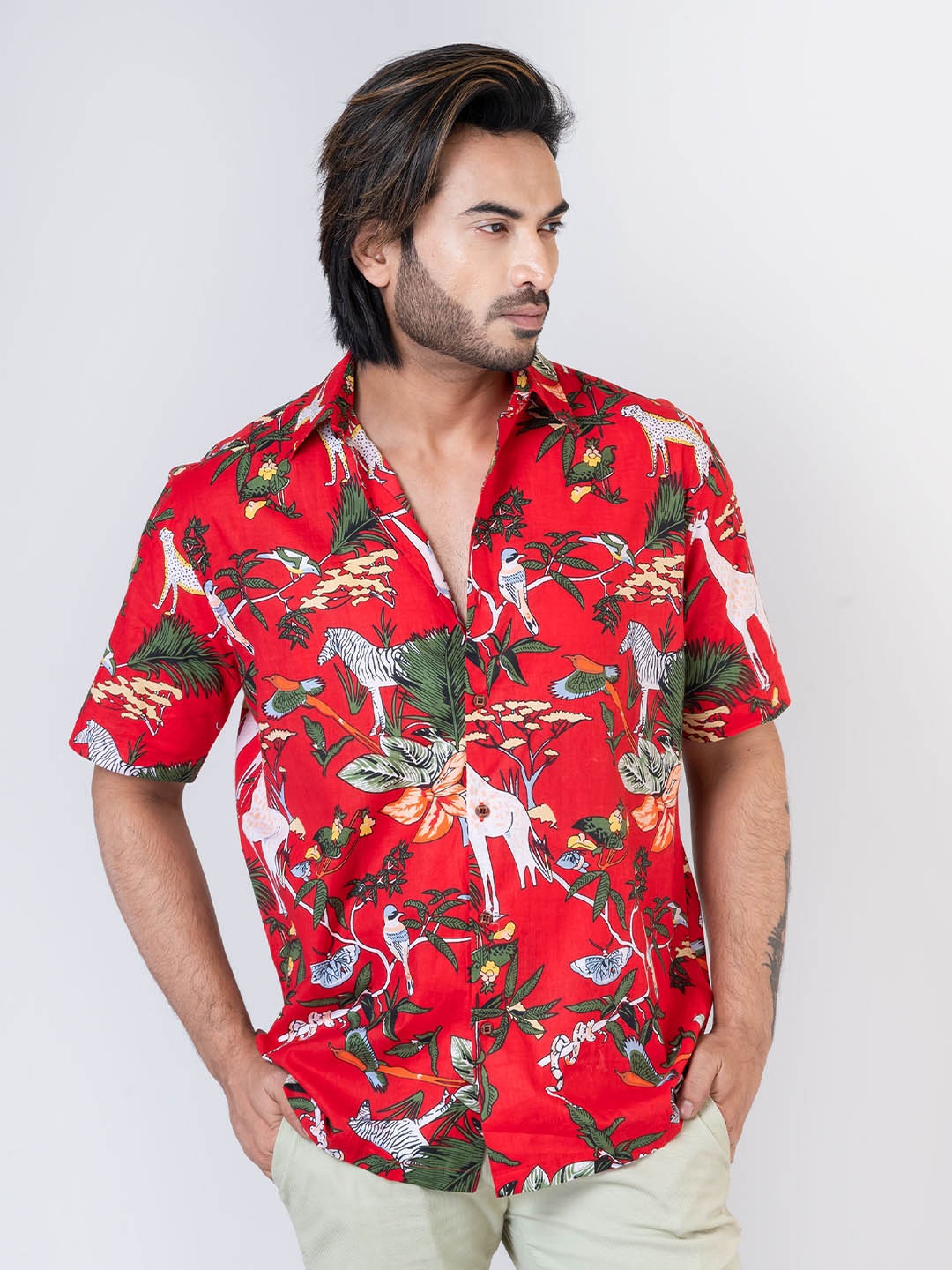 

Kartikeya Jaipur Floral Printed Relaxed Cotton Oversized Casual Shirt, Red