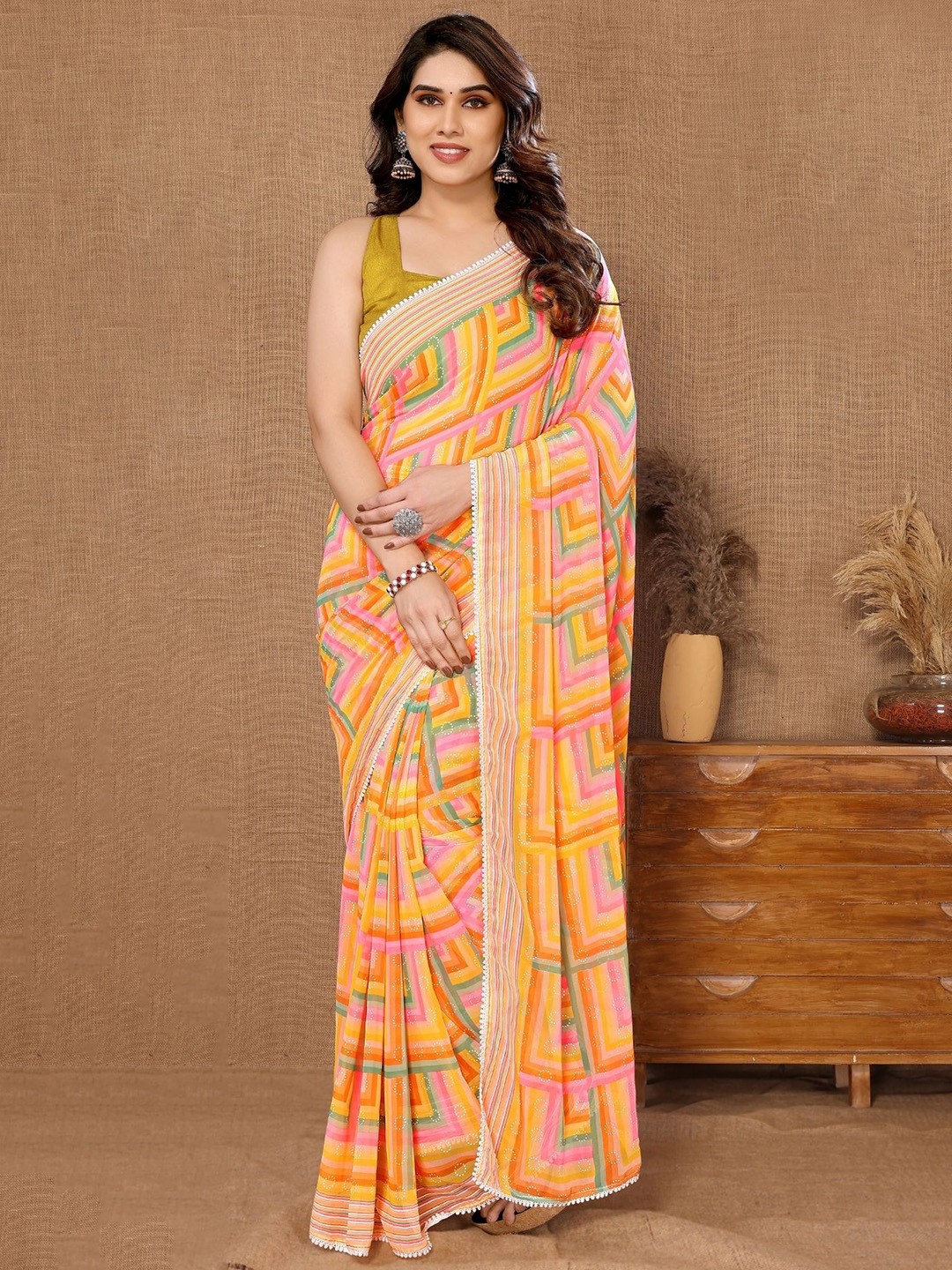 

GLORYANCE Printed Ready to Wear Saree, Yellow