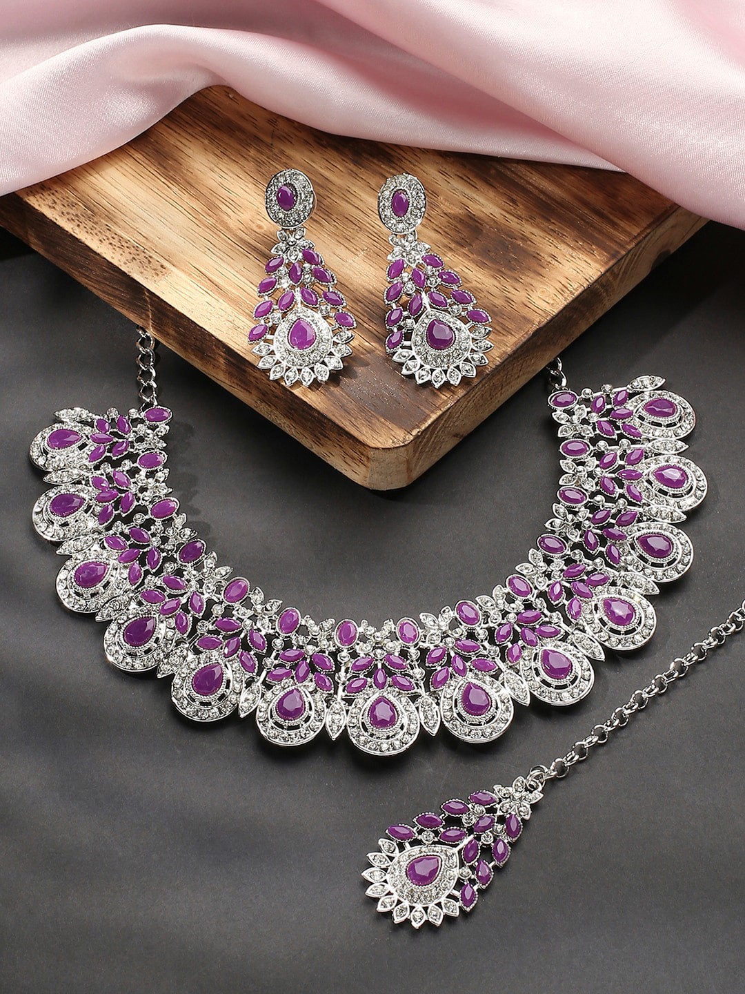 

VATSALYA creation Rhodium-Plated Stones Studded Necklace & Earrings With Maang Tika, Silver