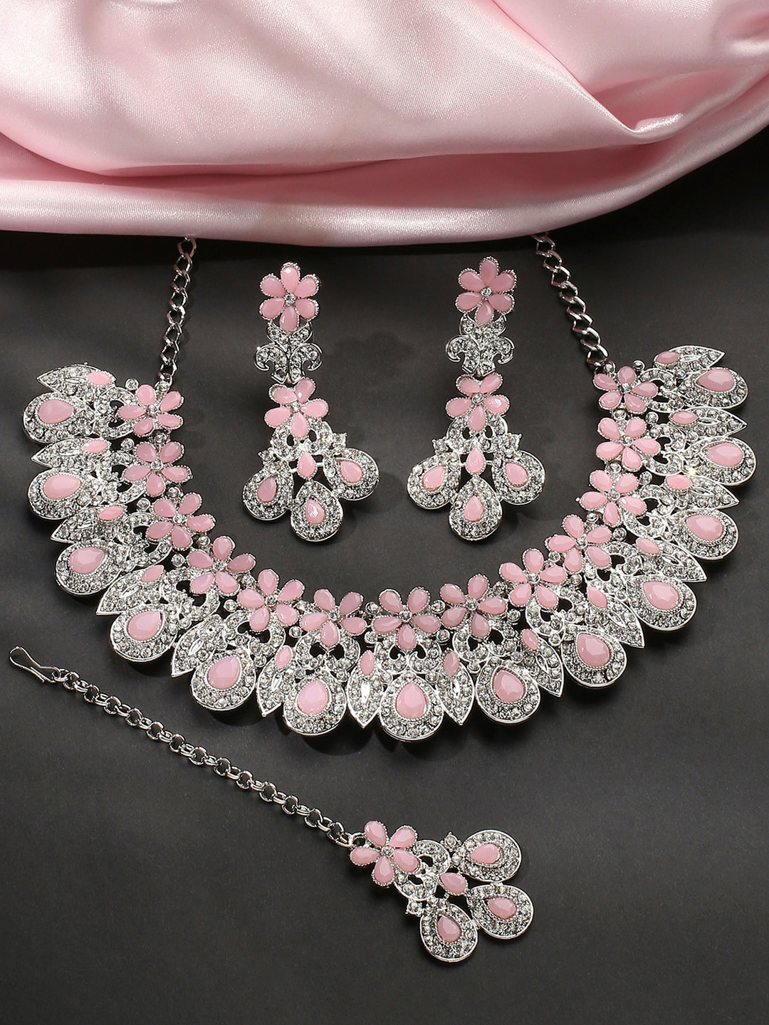 

VATSALYA creation Rhodium-Plated Stones Studded & Beaded Jewellery Set, Silver