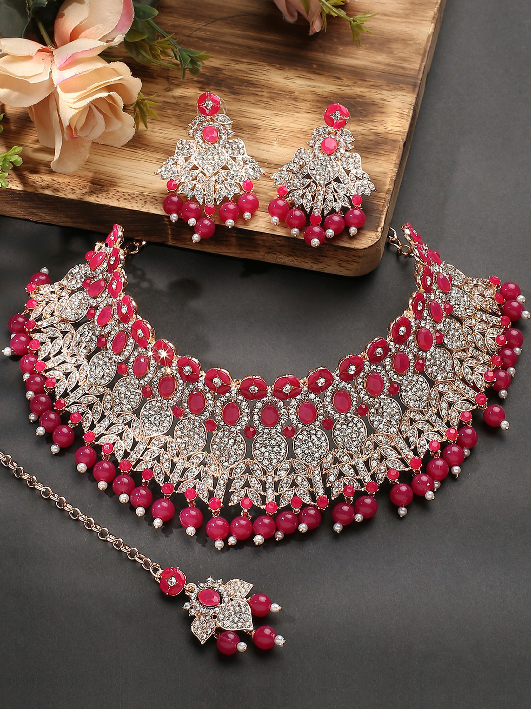 

VATSALYA creation Rose Gold-Plated Stones Studded & Beaded Jewellery Set