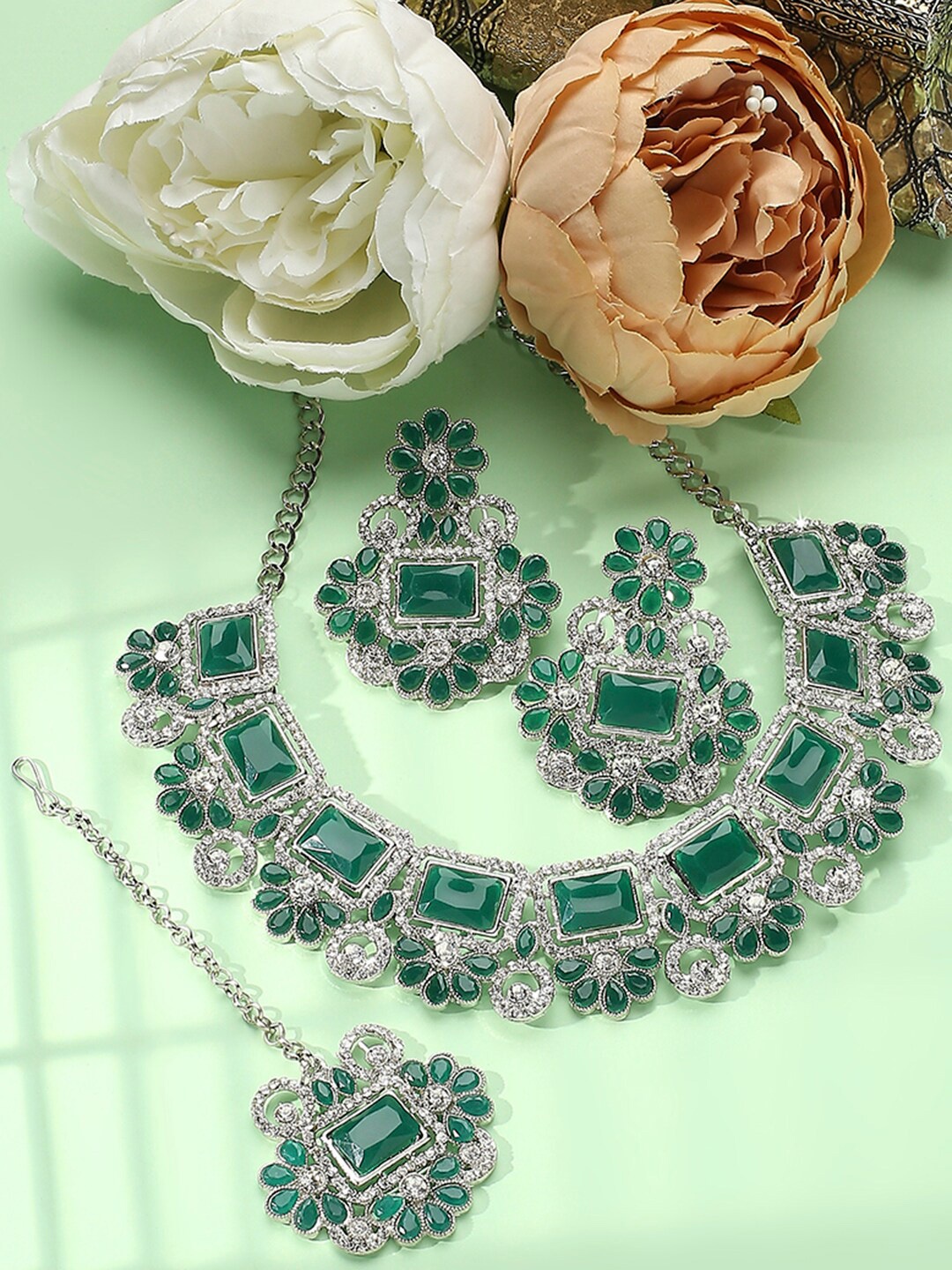 

VATSALYA creation Rhodium-Plated Stones Studded Jewellery Set, Silver