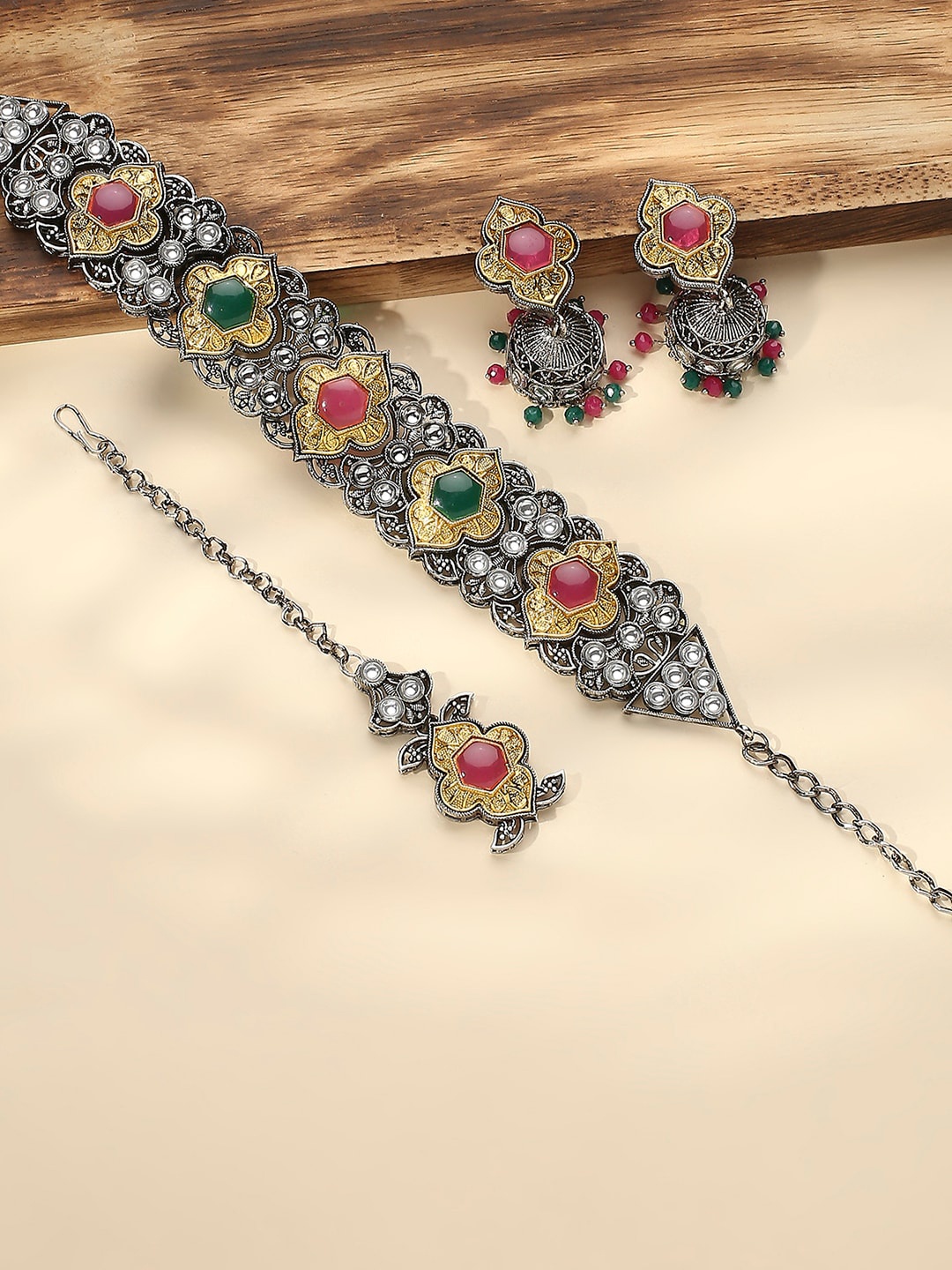 

VATSALYA creation Silver Plated Stones Studded & Beaded Jewellery Set