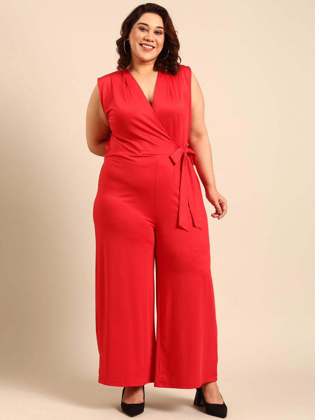 

The Pink Moon V-Neck Sleeveless Basic Jumpsuit, Red