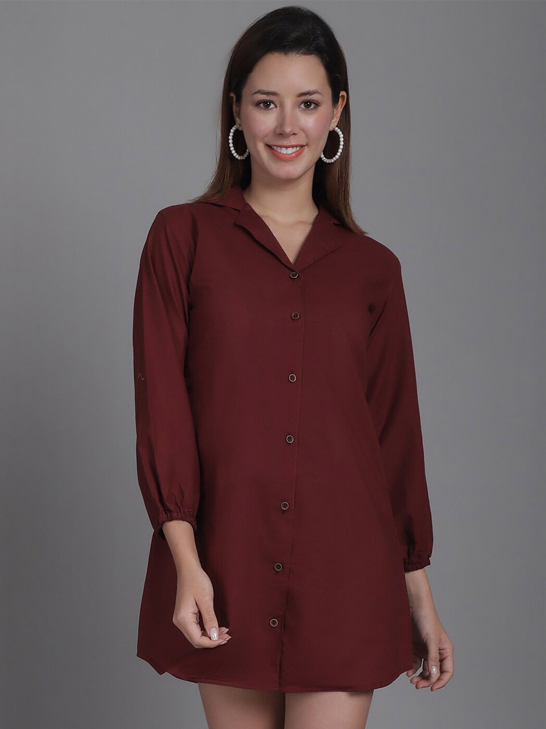 

Enchanted Drapes Notched Lapel Collar Pure Cotton Shirt Mini Dress, Burgundy
