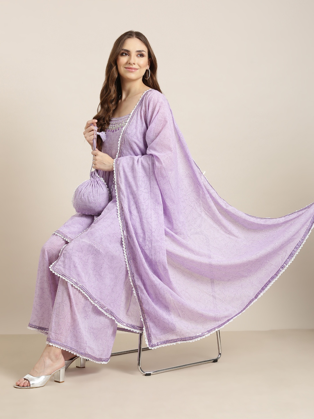 

SHOWOFF Floral Printed Scalloped Beads and Stones Anarkali Kurta With Sharara & Dupatta, Lavender