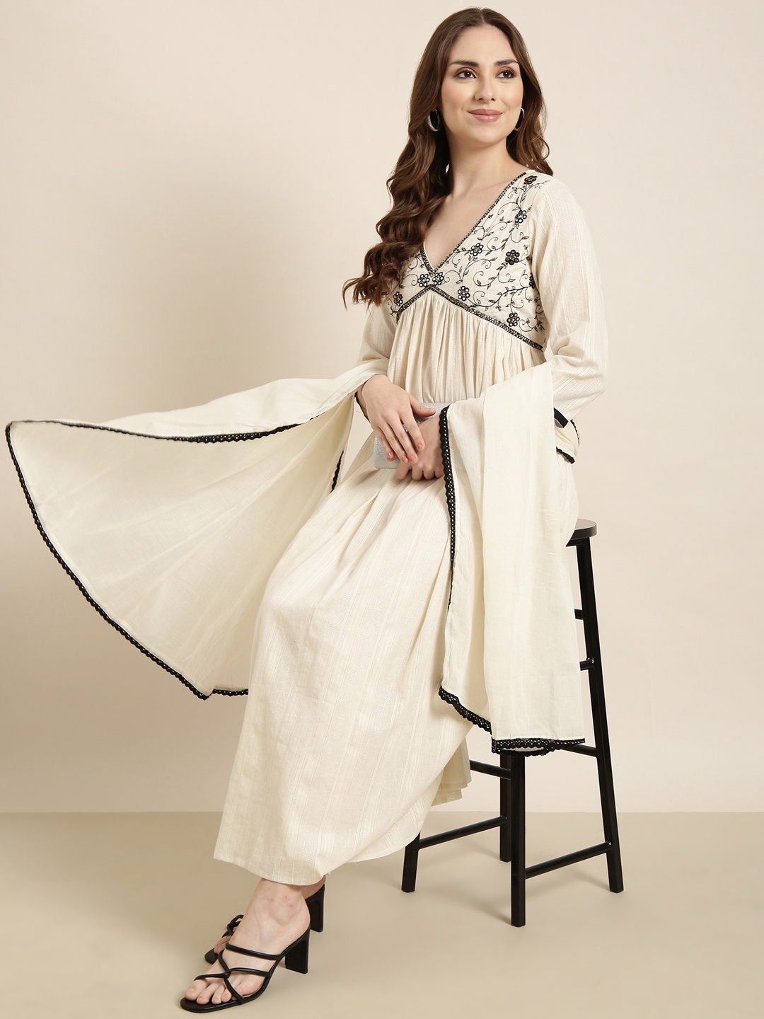 

SHOWOFF Empire Mirror Work Anarkali Kurta With Trouser & Dupatta, Cream