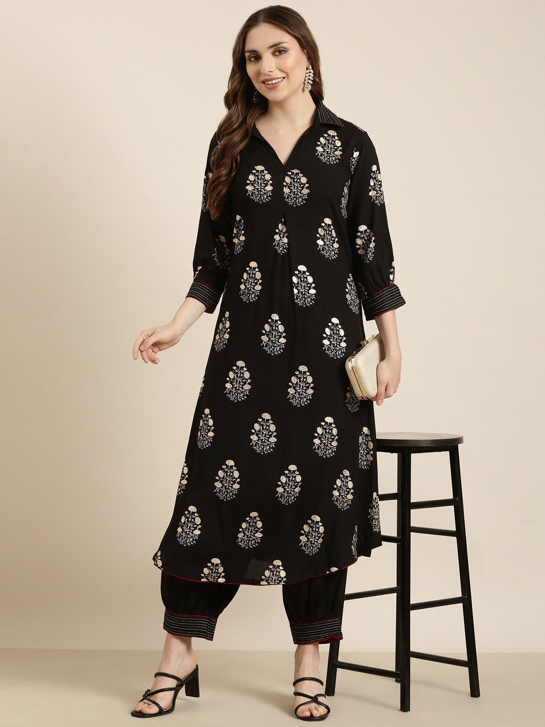 SHOWOFF Floral Printed Shirt Collar Three-Quarter Sleeves Thread Work Kurta with Patiala, Black
