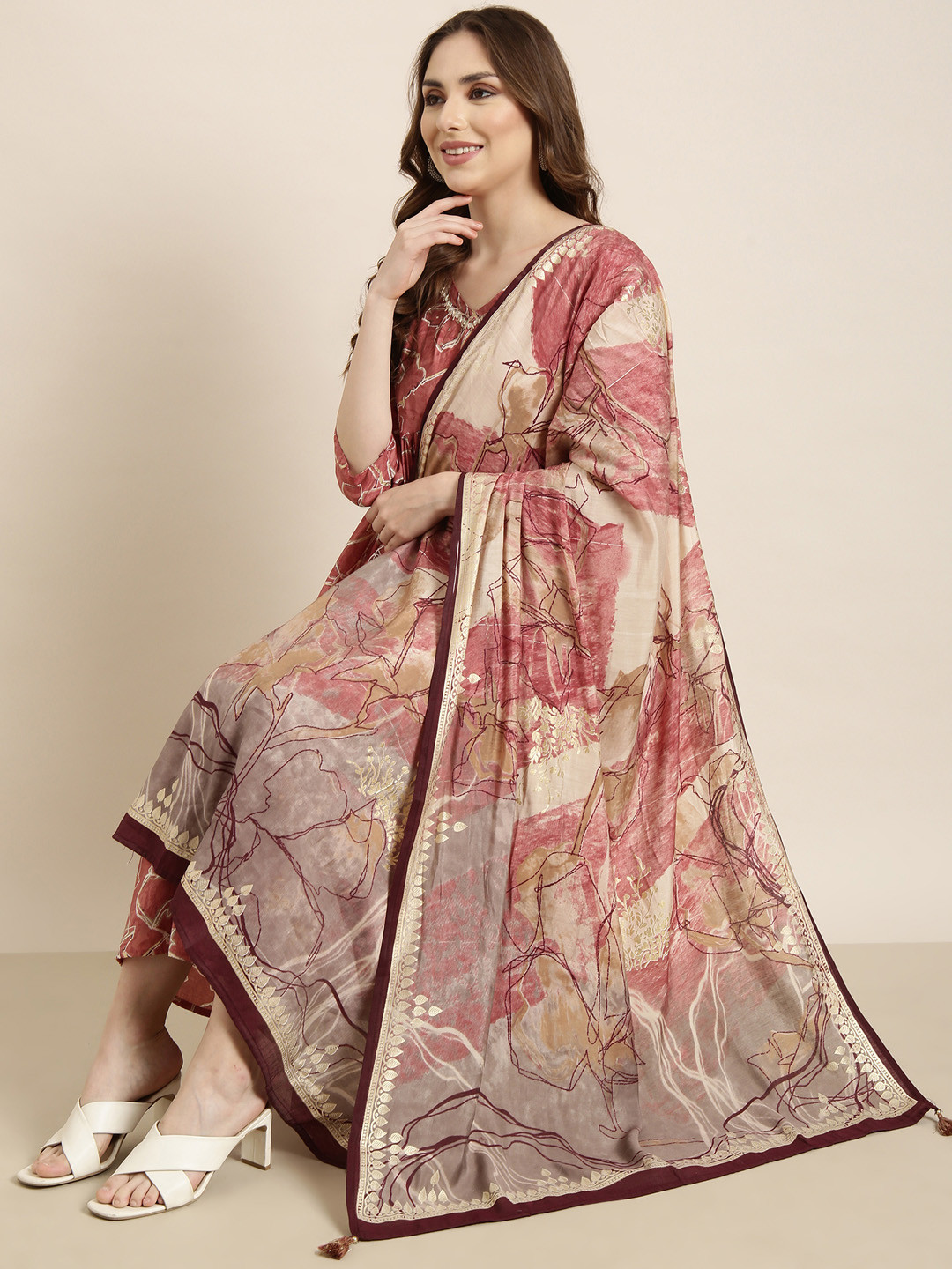 

SHOWOFF Printed Empire Mirror Work Kurta with Trousers & With Dupatta, Peach