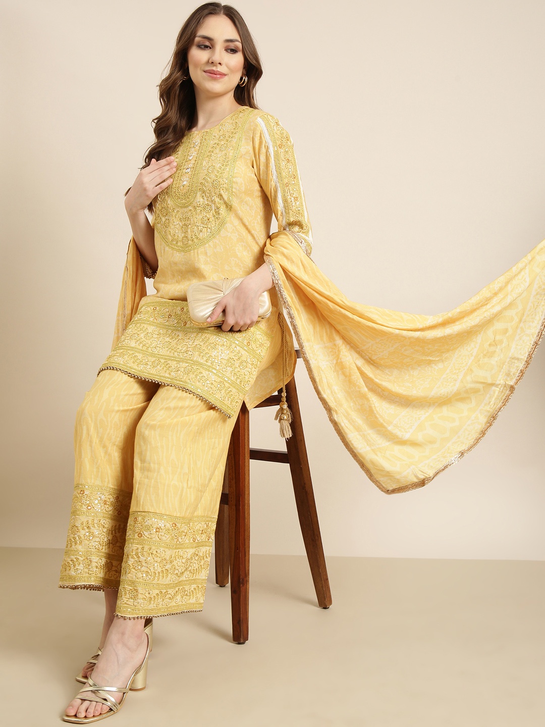 

SHOWOFF Floral Printed Round Neck Thread Work Straight Kurta with Palazzos & With Dupatta, Yellow