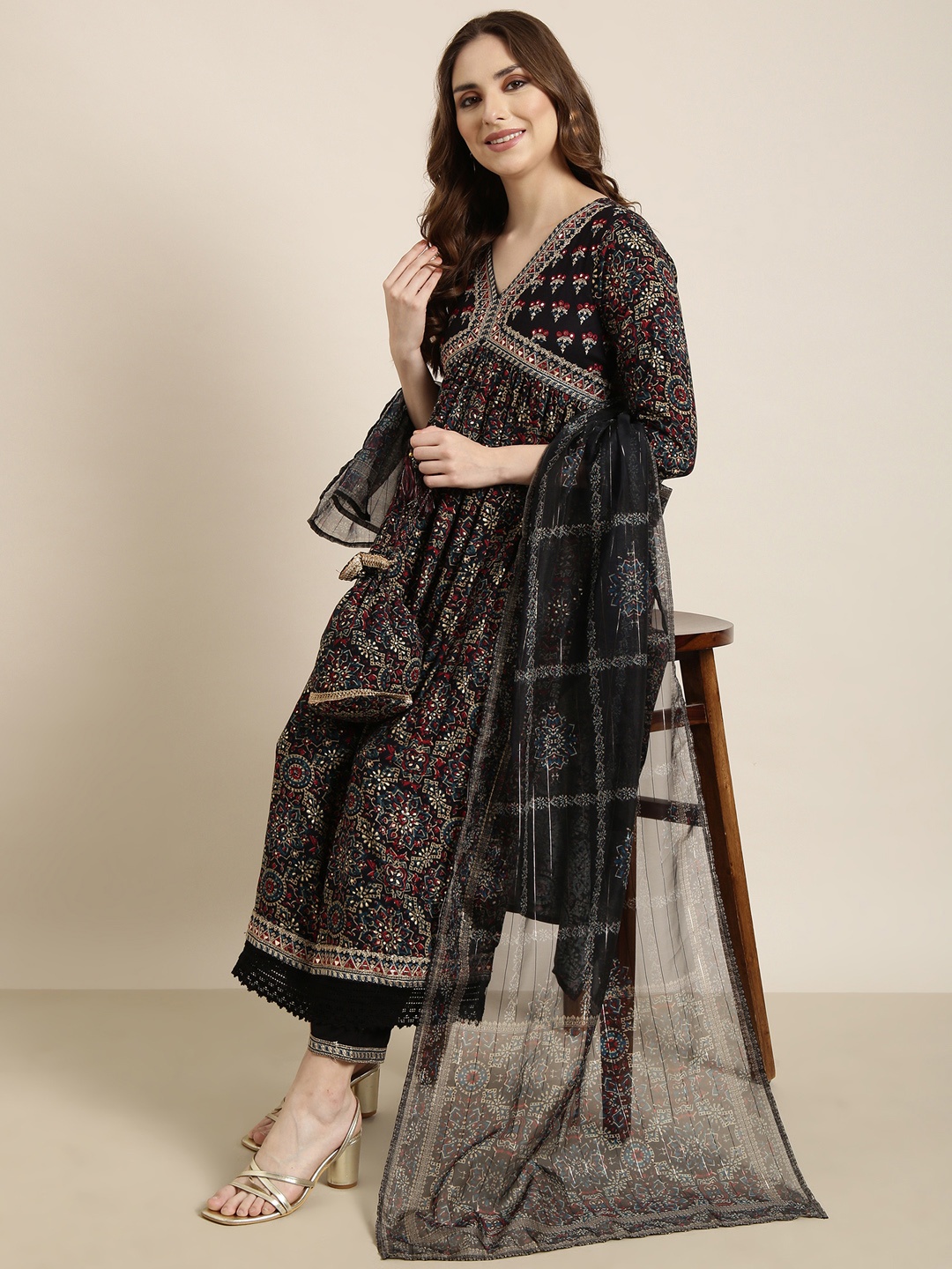 

SHOWOFF Ethnic Motifs Printed Empire Kurta with Trousers & With Dupatta, Navy blue