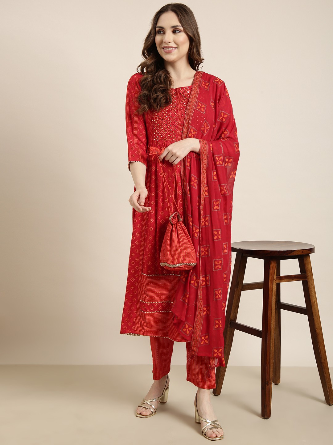 

SHOWOFF Printed Empire Mirror Work Kurta with Trousers & With Dupatta, Red