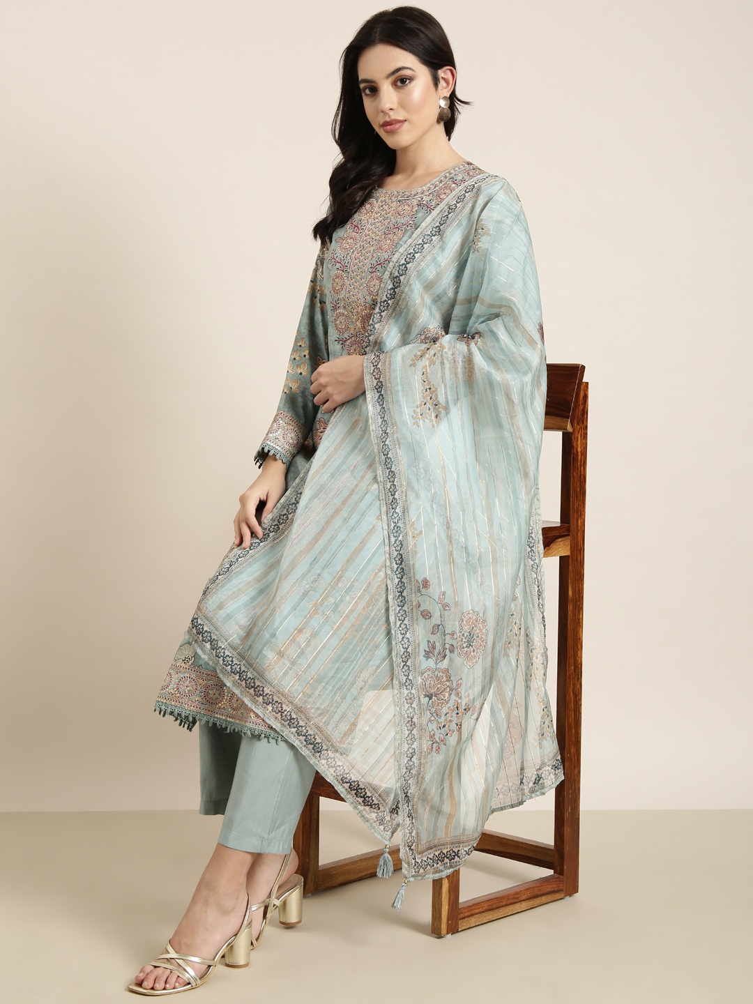 

SHOWOFF Printed Regular Kurta with Trousers & Dupatta, Sea green