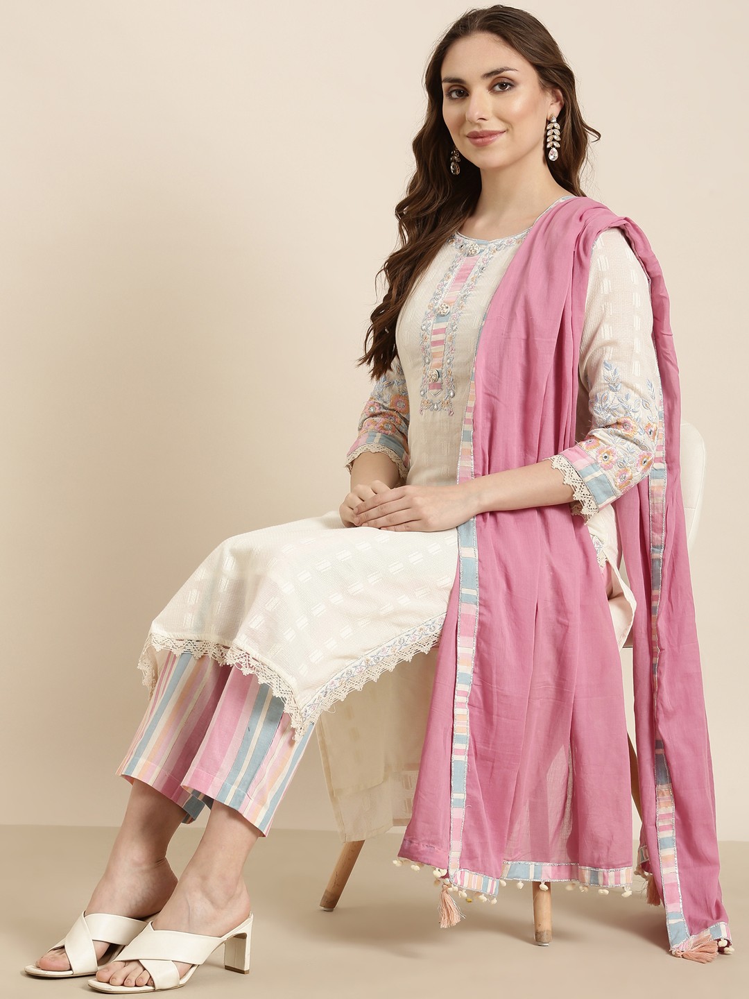 

SHOWOFF Embroidered Round Neck Thread Work Straight Kurta With Trousers & Dupatta, Off white