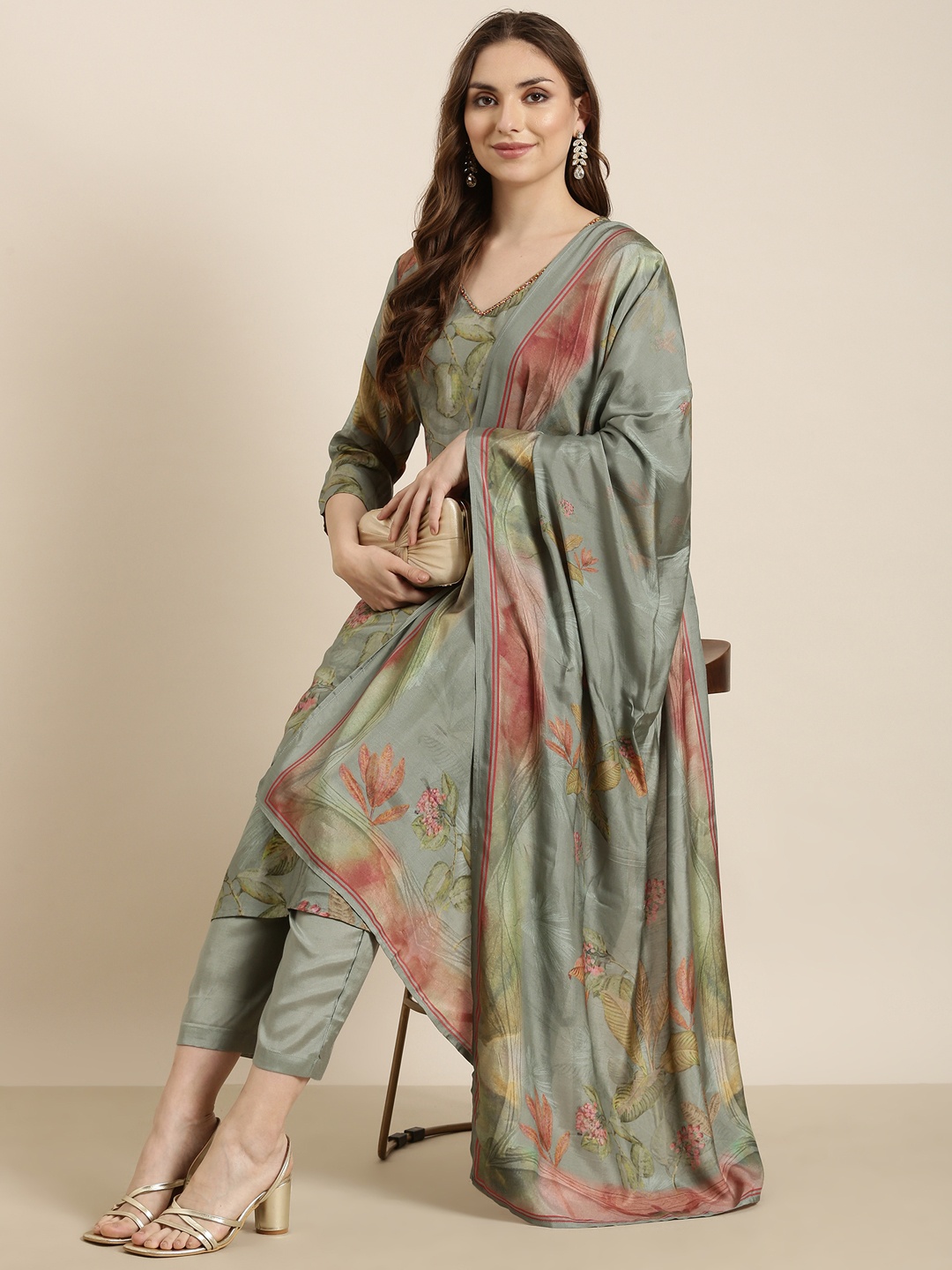 

SHOWOFF Floral Printed Beads and Stones Kurta With Trouser & Dupatta, Green