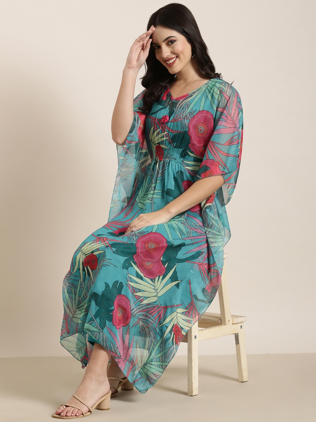 

SHOWOFF Floral Printed V-Neck Flared Sleeves Kaftan Kurta With Trouser With Inner Slip, Turquoise blue