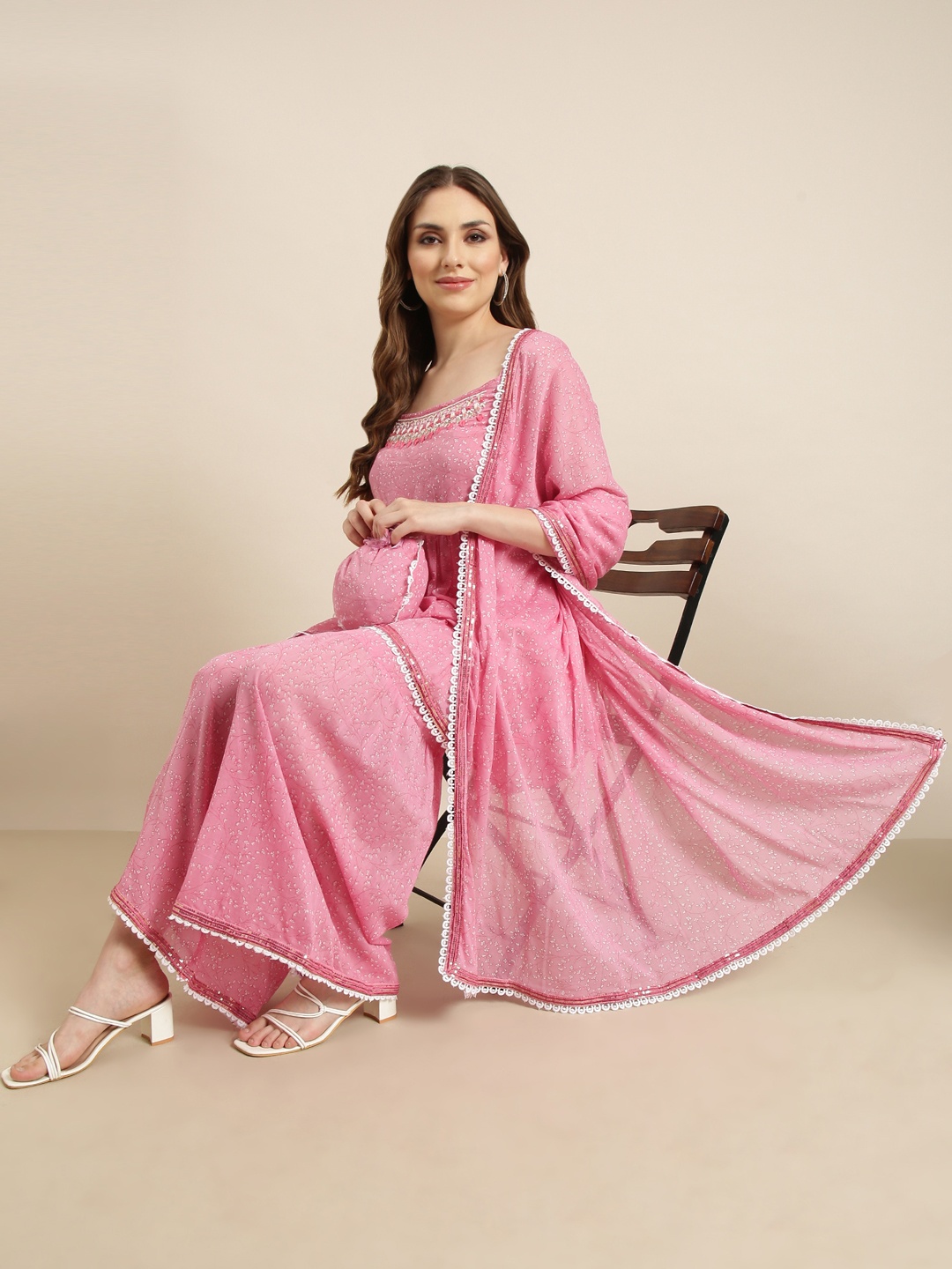 

SHOWOFF Floral Printed Empire Beads and Stones Kurta with Sharara & Dupatta, Pink