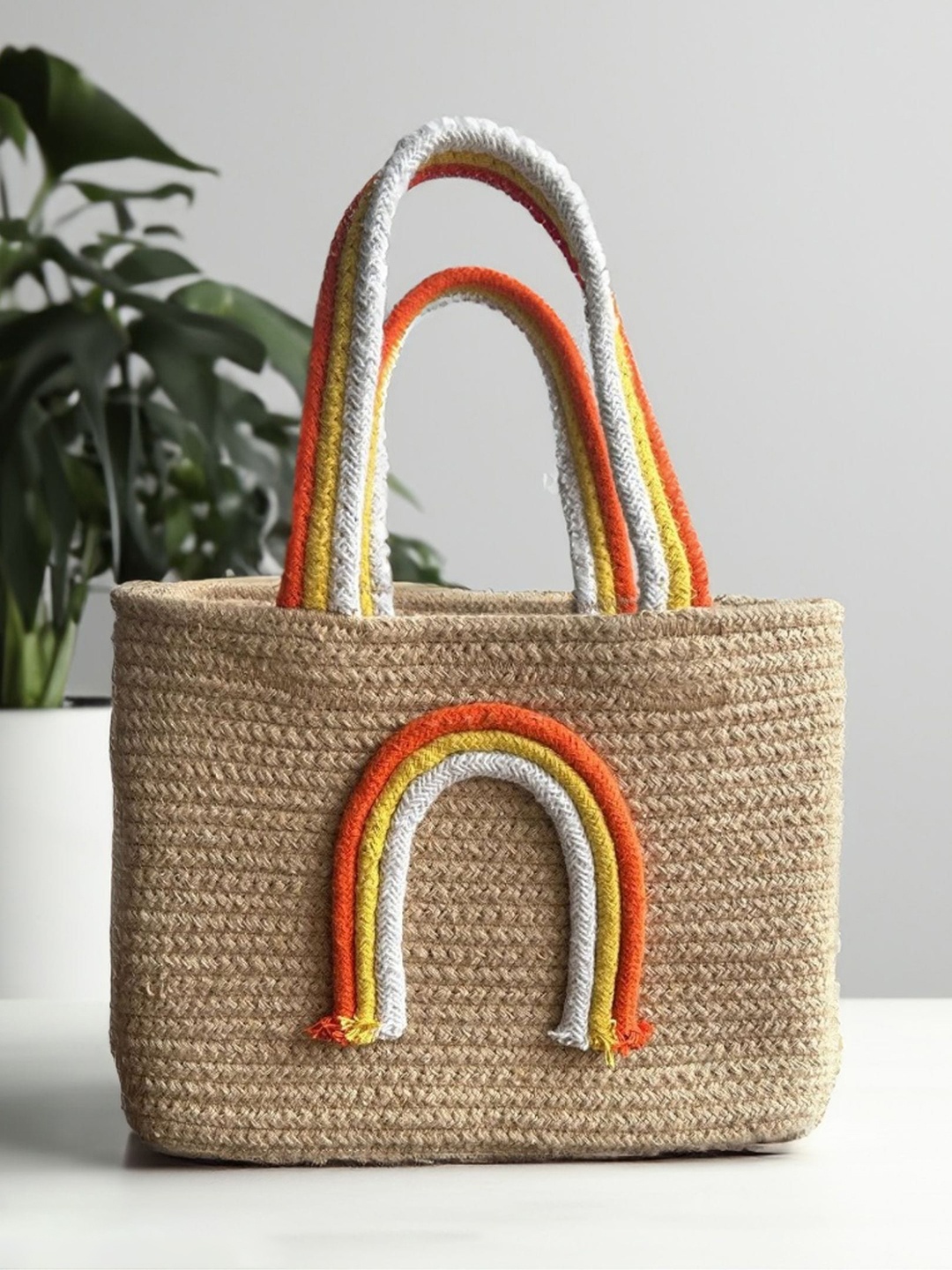 

JASMEY HOMES Colourblocked Jute Handheld Bag, Beige