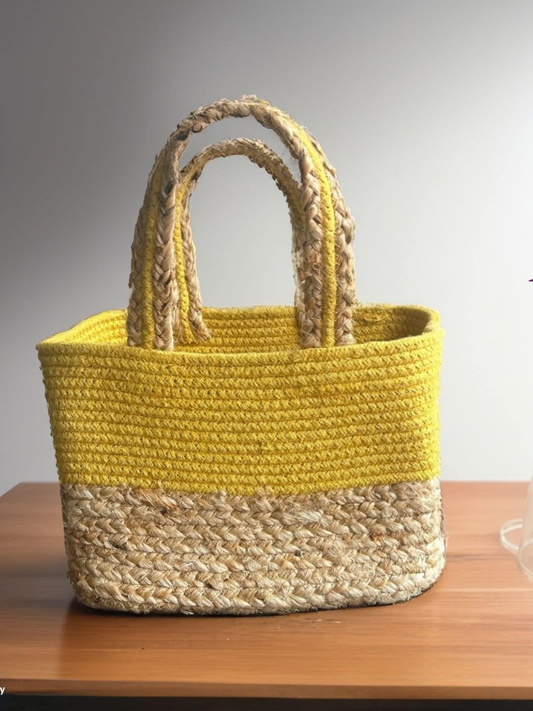 

JASMEY HOMES Colourblocked Jute Handheld Bag, Yellow