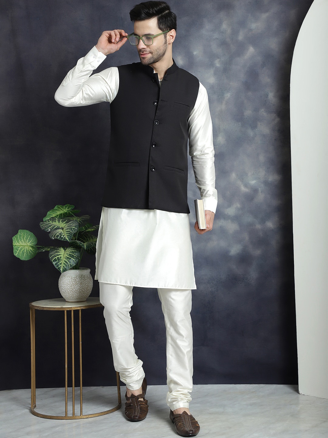 

Jompers Mandarin Collar Nehru Jacket With Kurta Churidar, Black