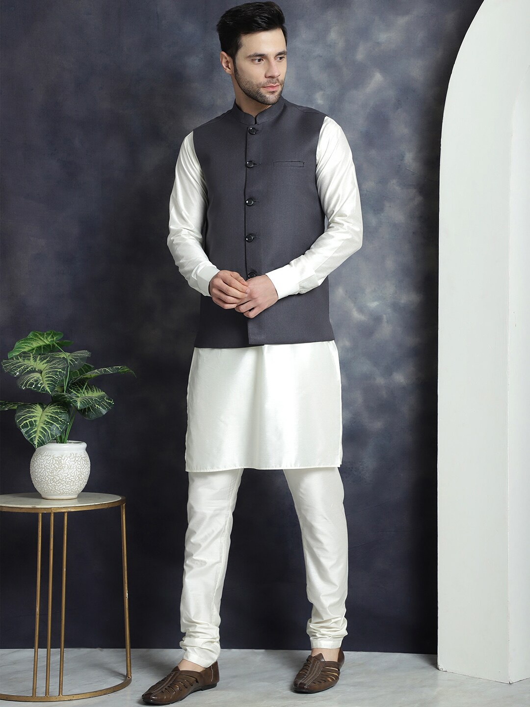 

Jompers Mandarin Collar Nehru Jacket With Kurta Churidar, Charcoal