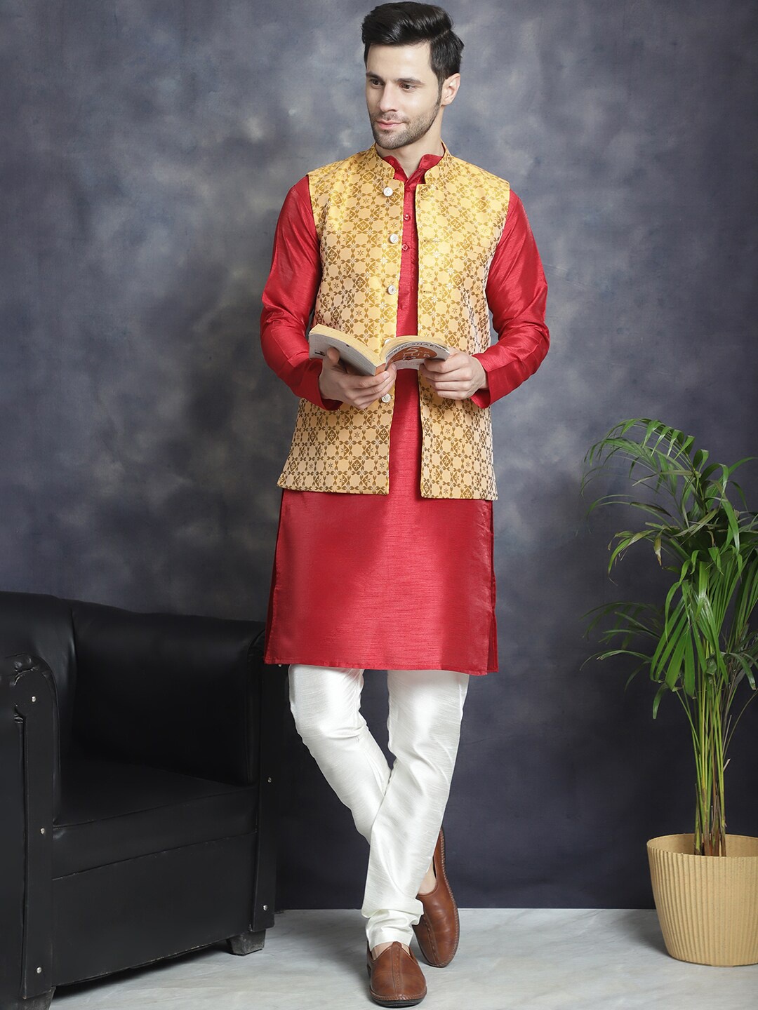 

Jompers Mandarin Collar Straight Kurta with Churidar & Nehru Jacket, Mustard