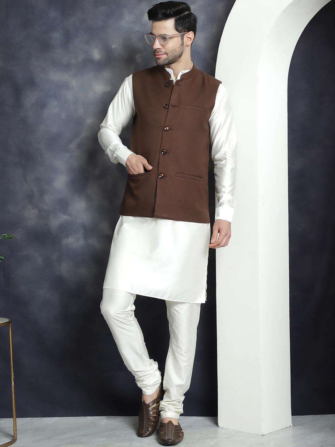 

Jompers Mandarin Collar Kurta With Churidar & Nehru Jacket Set, Brown