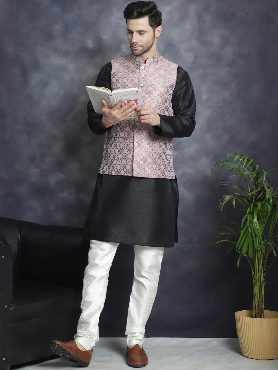 

Jompers Mandarin Collar Embroidred Nehru Jacket With Kurta Pyjama, Black