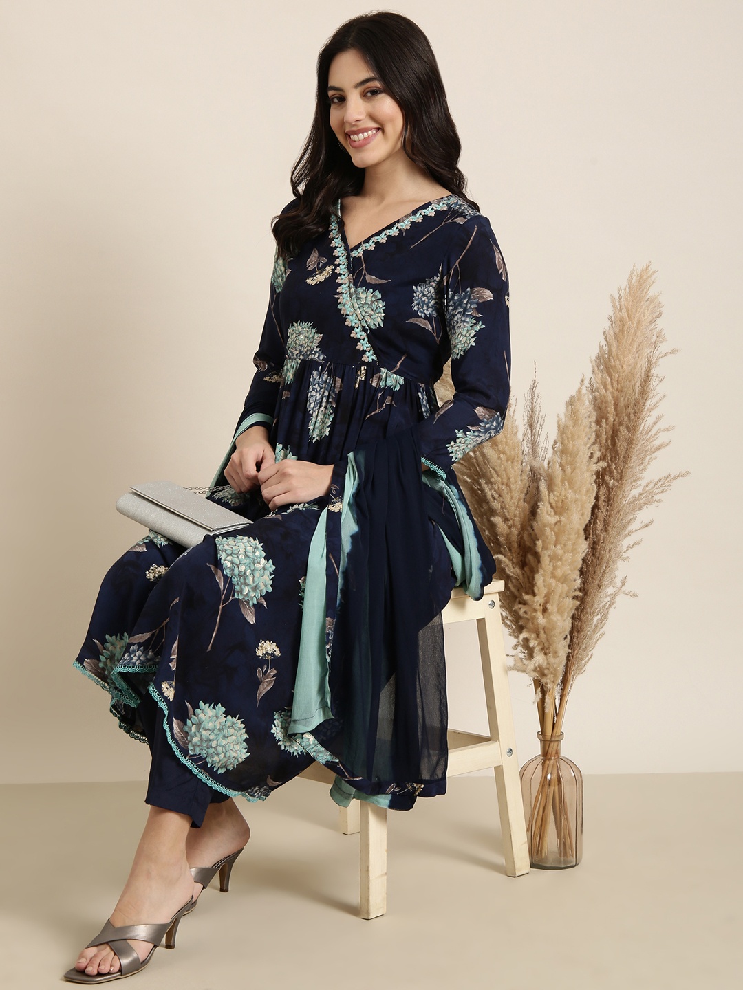 

SHOWOFF Floral Printed Angrakha Thread Work Kurta With Trouser & Dupatta, Navy blue