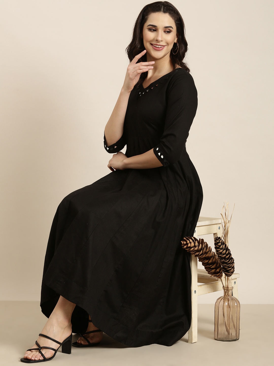 SHOWOFF Mirror Work Flared Anarkali Kurta With Trousers, Black