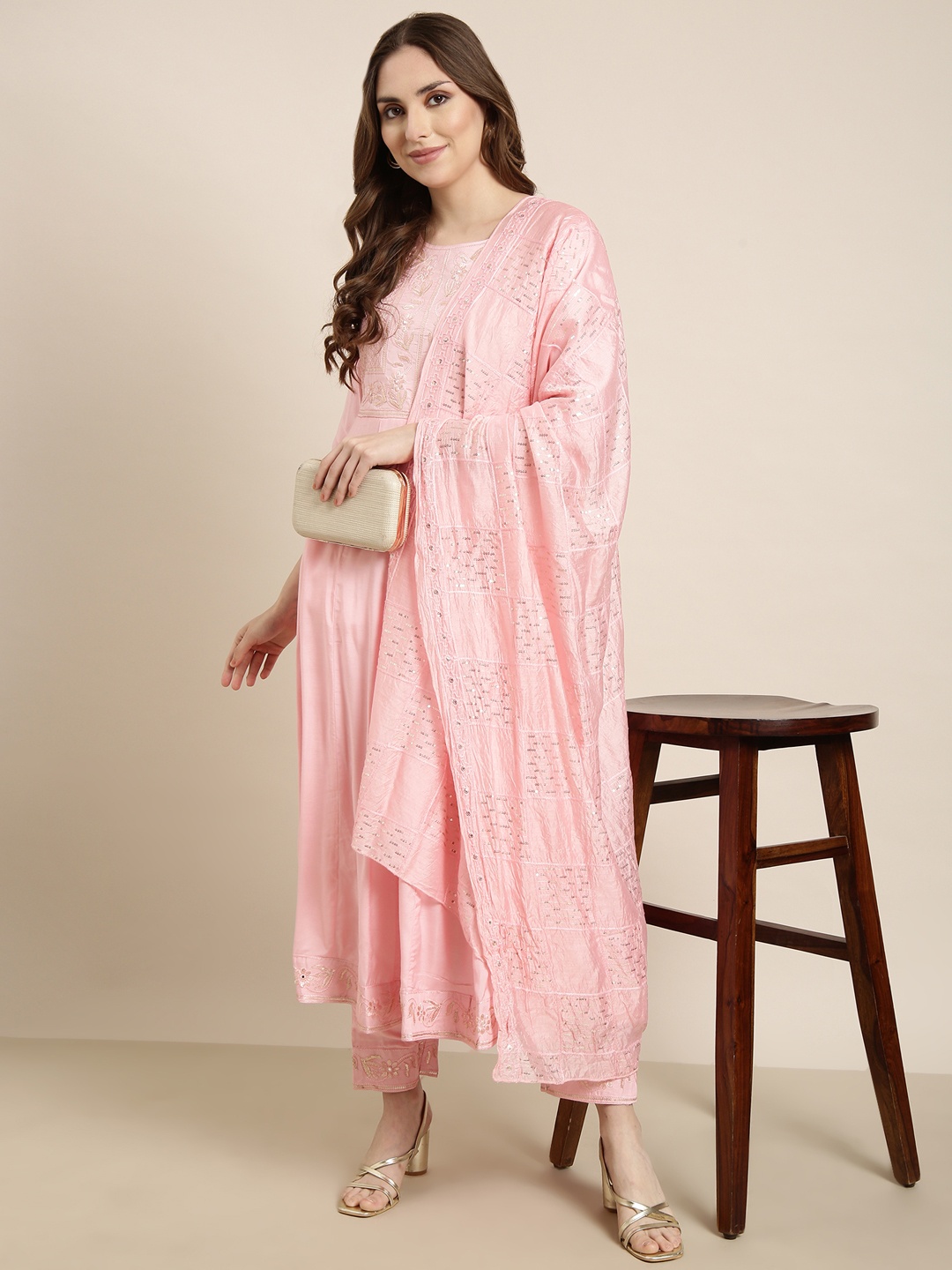 

SHOWOFF Floral Embroidered Empire Sequinned Anarkali Kurta With Trouser & Dupatta, Pink