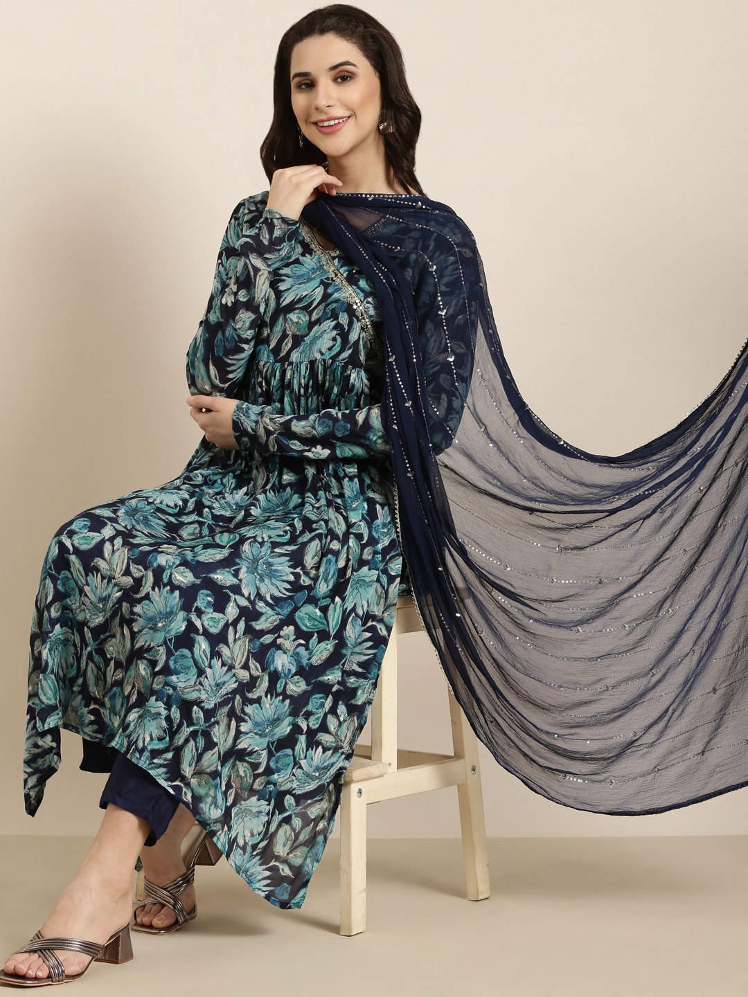 

SHOWOFF Floral Printed Empire Beads and Stones Anarkali Kurta & Trousers With Dupatta, Blue